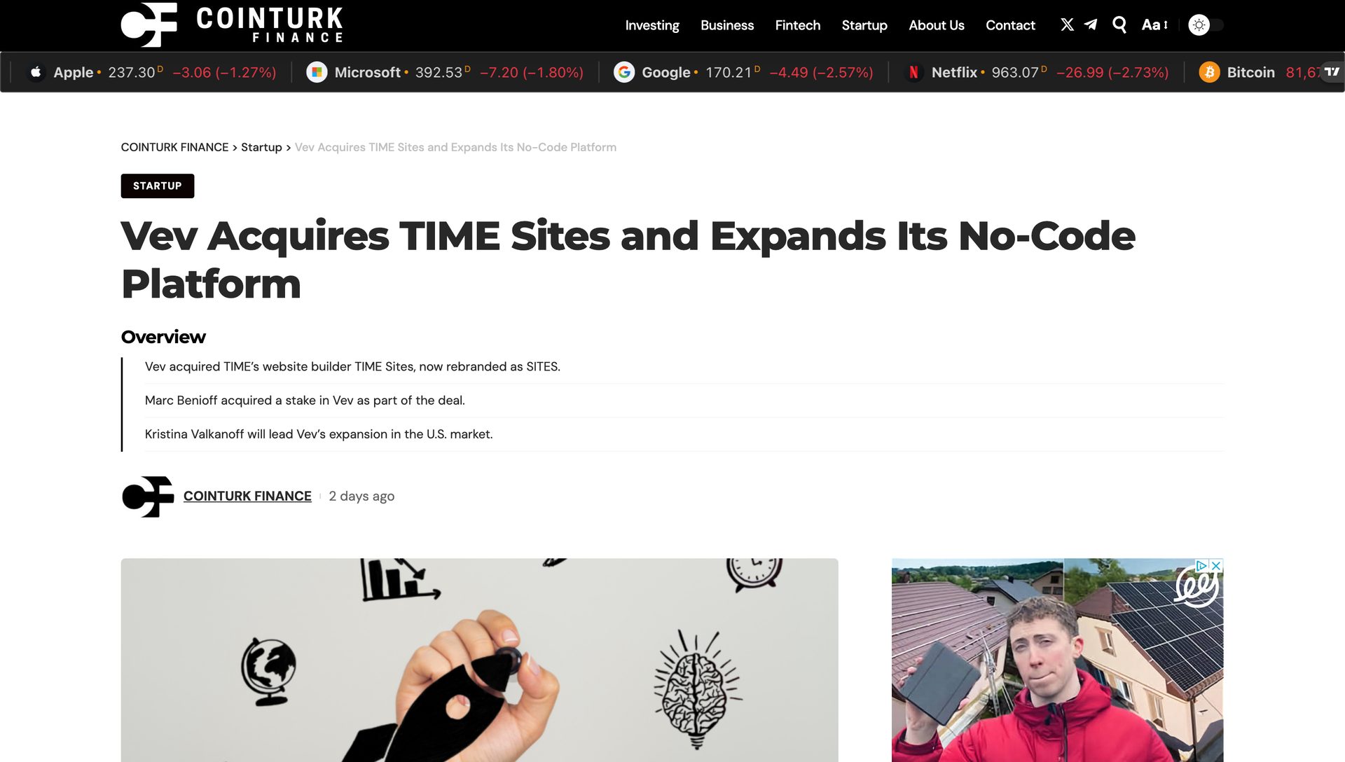 Cointurk Finance article: "Vev Acquires TIME Sites and Expands Its No-Code Platform" with stock data.
