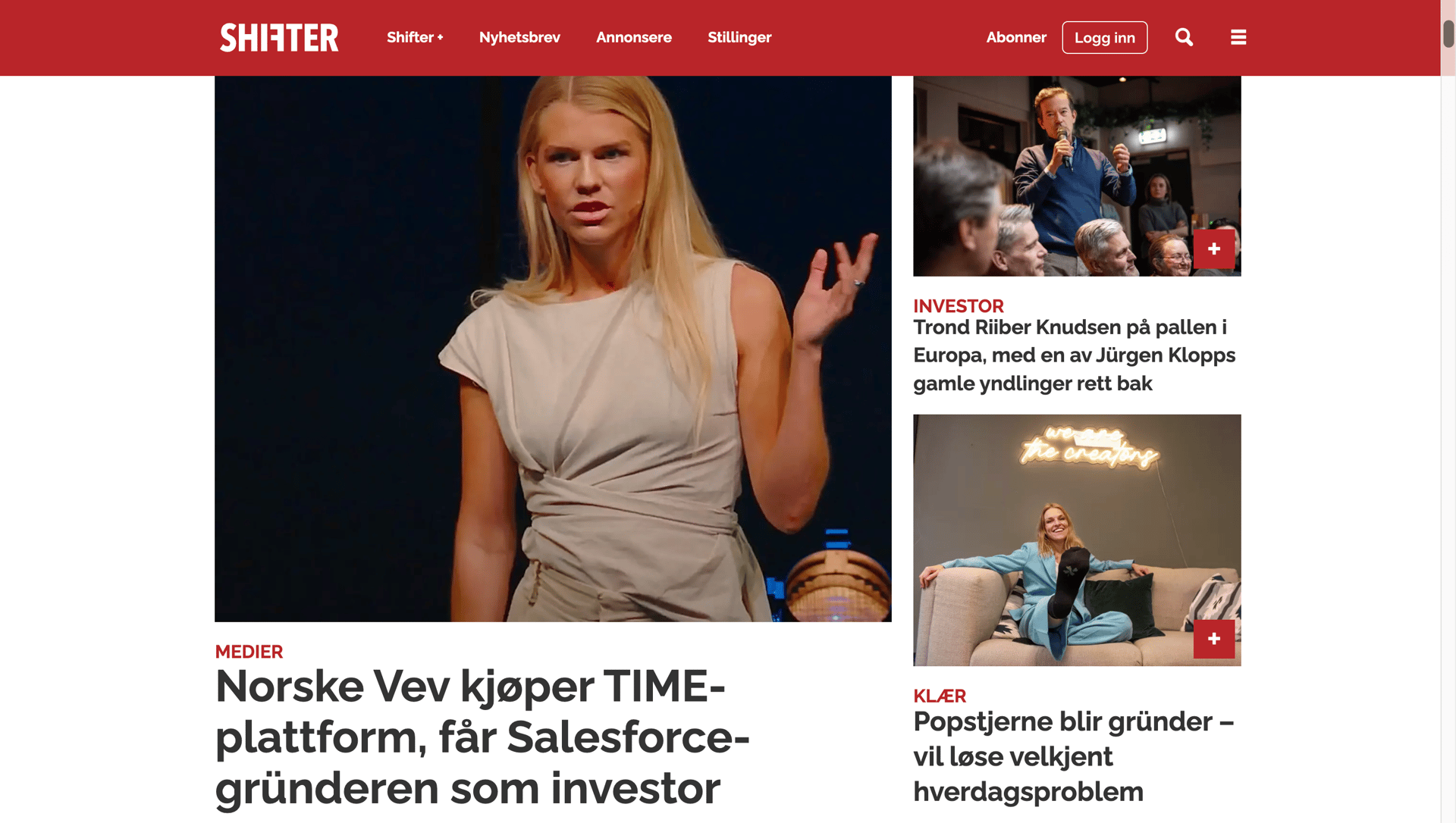 Shifter news homepage: woman speaking, headline about Norske Vev and Salesforce founder.