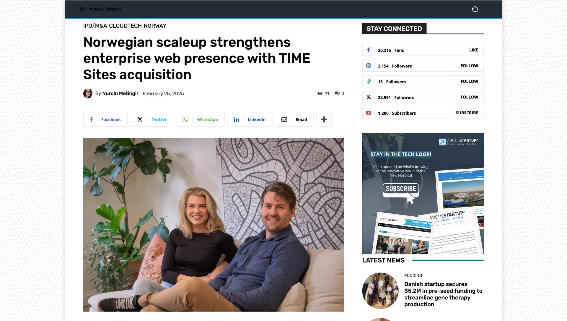 News article about a Norwegian scaleup acquisition, featuring a smiling man and woman on a couch.
