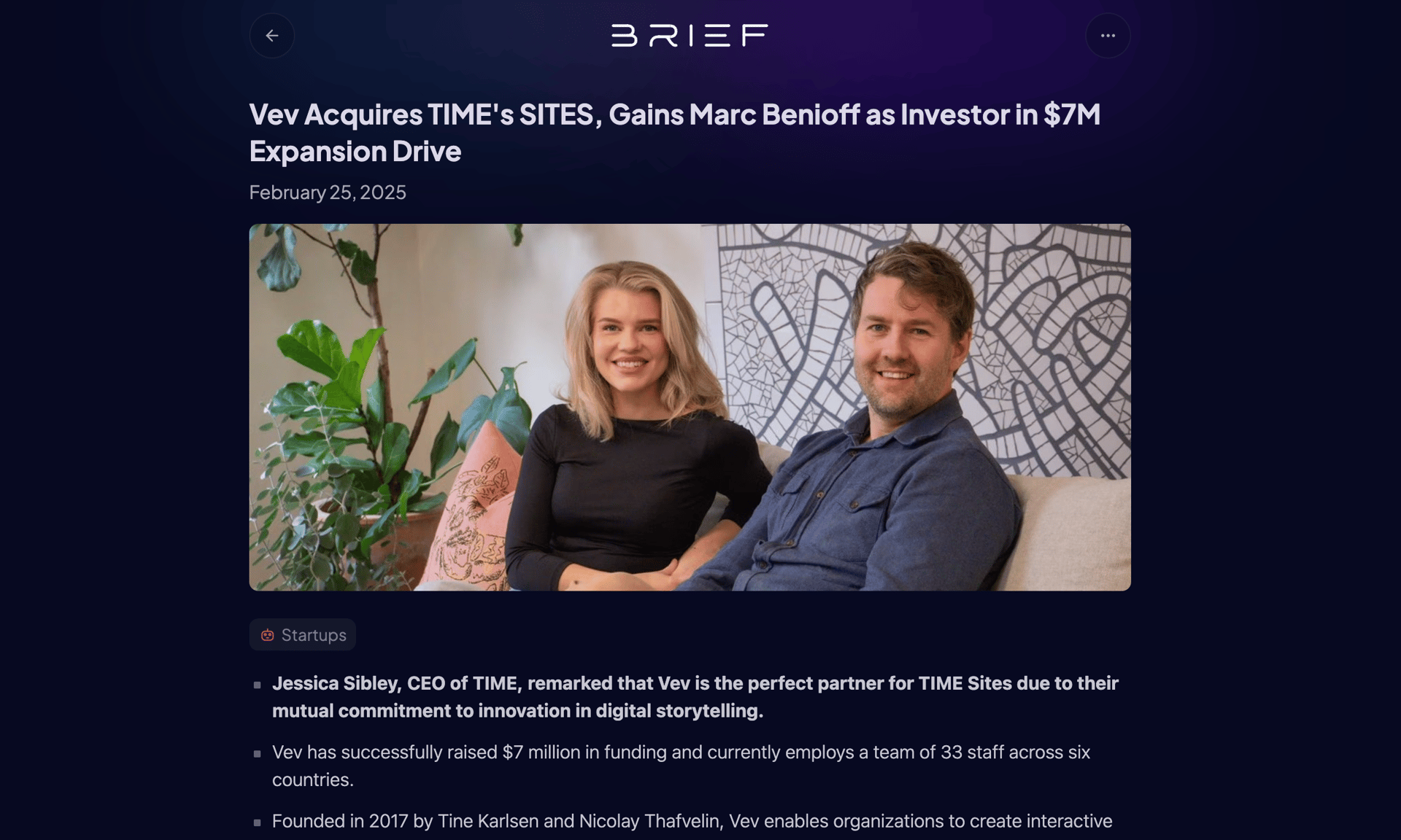 Two smiling Vev founders, article on Vev acquiring TIME's SITES and $7M expansion.