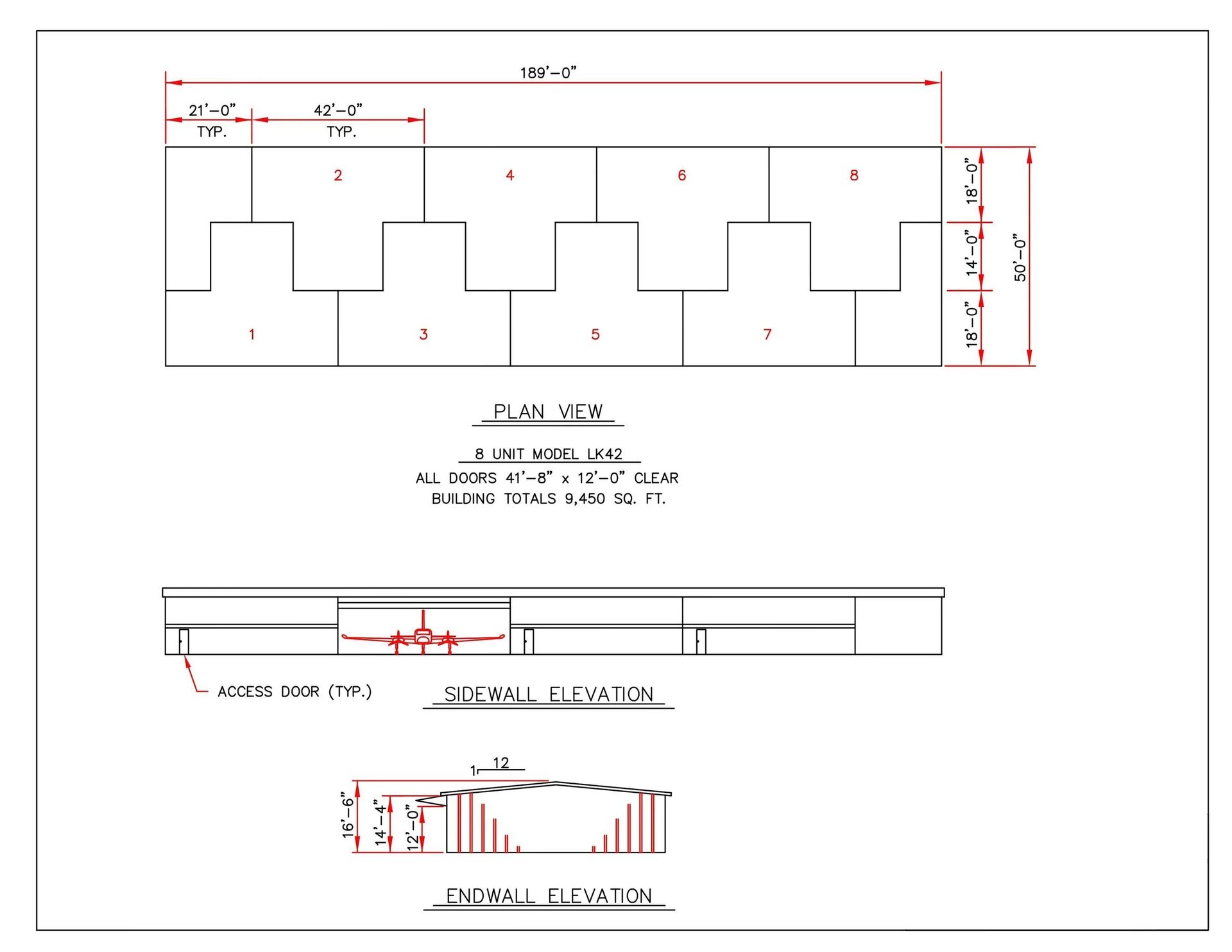 Architectural plan and elevations of an 8-unit building, 189'x50', 9,450 sq ft total.