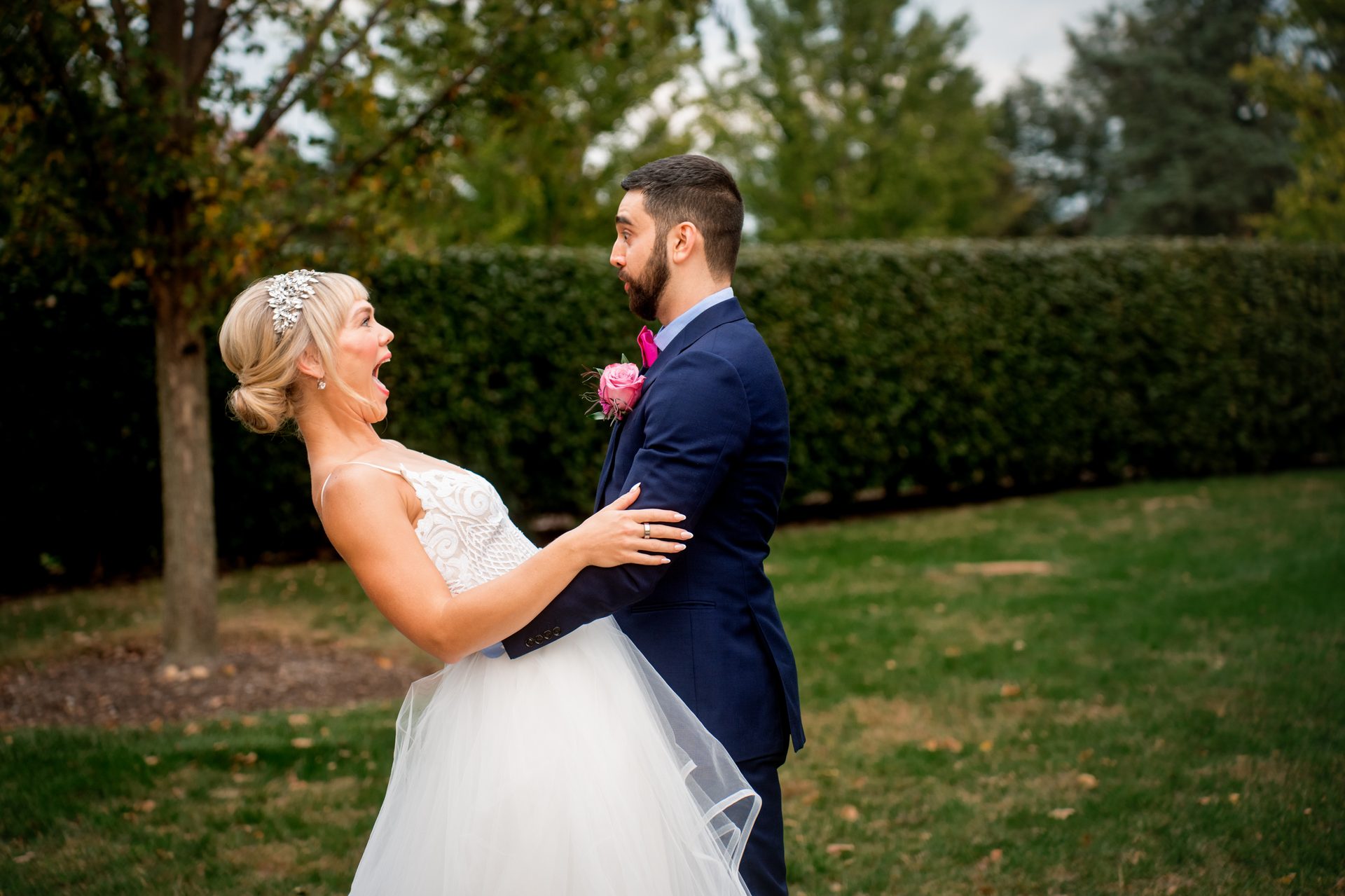 Wedding dress, Flash photography, Bridal clothing, Bride, Plant, Tree, Happy, Gesture
