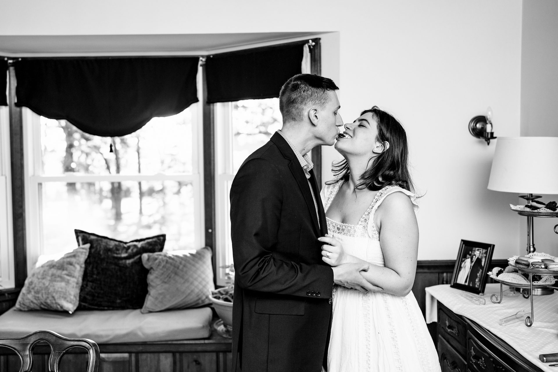 Flash photography, Bridal clothing, Photograph, White, Black, Bride, Dress, Kiss, Black-and-white, Gesture