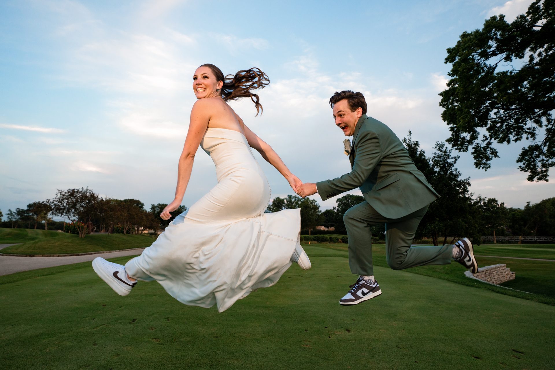 People in nature, Wedding dress, Bridal clothing, Flash photography, Sky, Cloud, Shoe, Bride, Smile, Plant