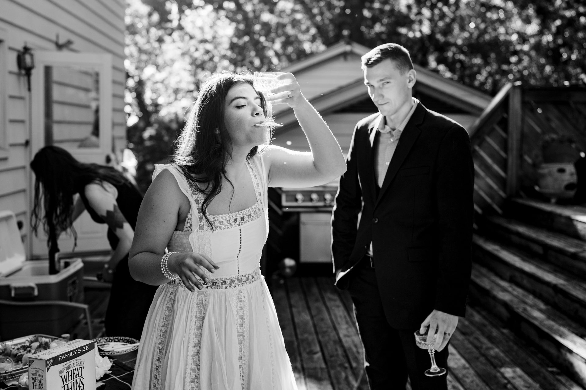 Flash photography, White, Black, Fashion, Dress, Black-and-white, Standing, Happy, Gesture, Style