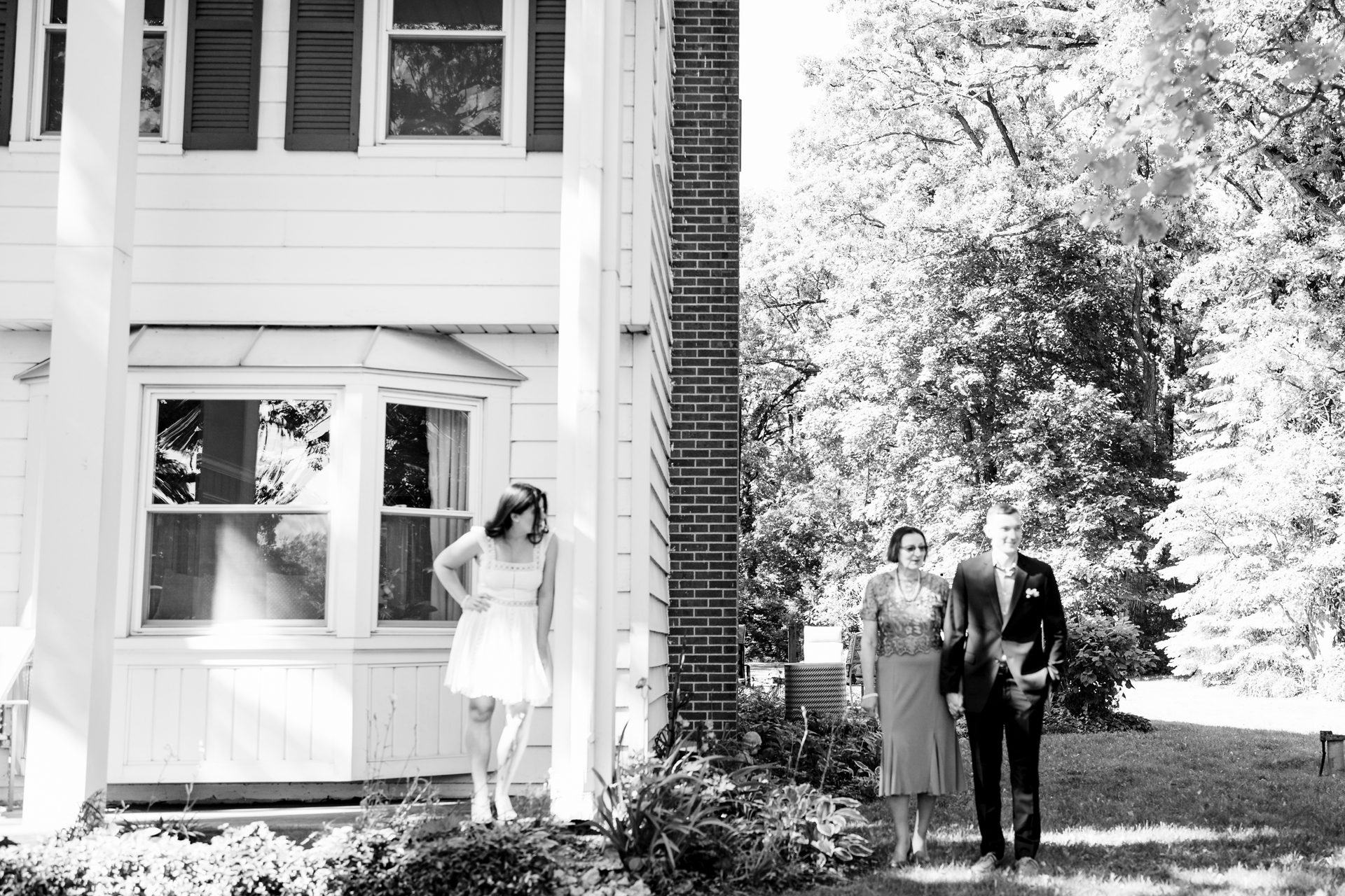 Plant, Property, Building, Window, Black, Black-and-white, Standing, Gesture, Tree, Style