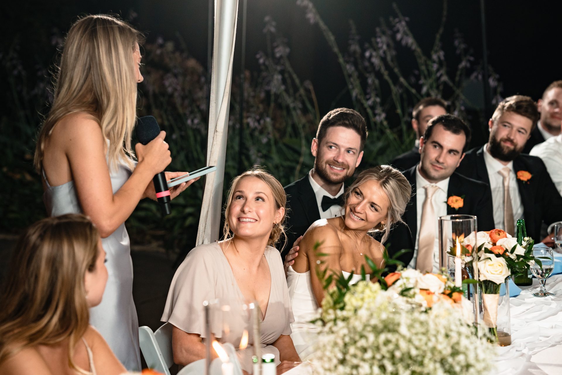 Facial expression, Wedding dress, Bridal clothing, Flash photography, Smile, Photograph, Flower, Bride, Fashion, Lighting