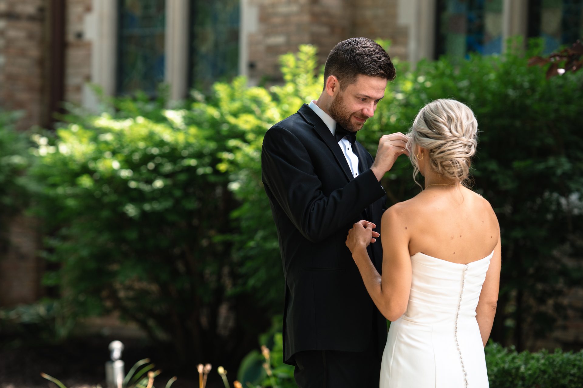 Wedding dress, Flash photography, Bridal clothing, Bride, Photograph, Plant, Green, Smile, Happy