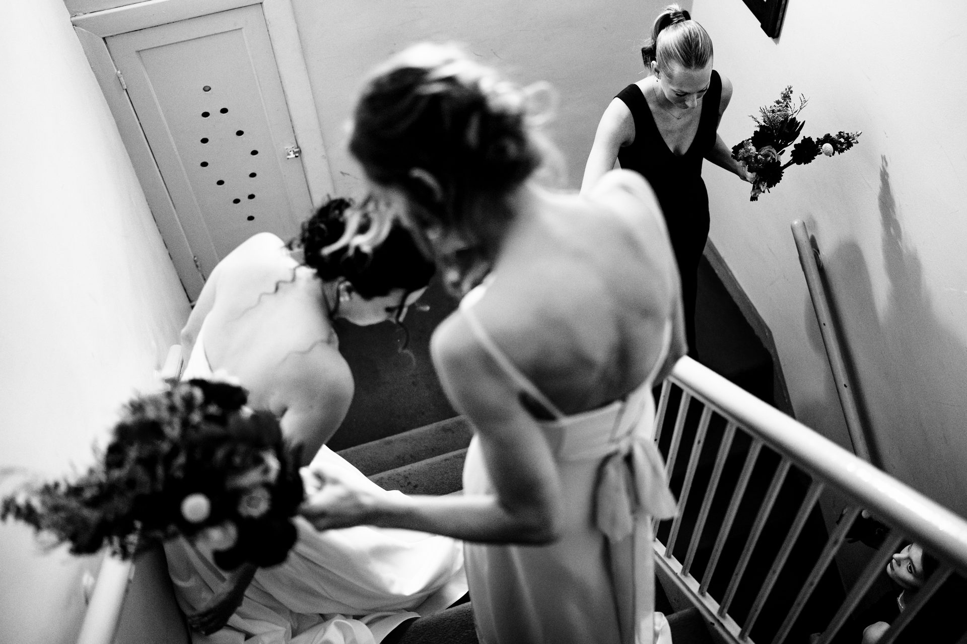 Flash photography, Bridal clothing, Shoulder, Photograph, White, Black, Black-and-white, Happy, Standing, Gesture
