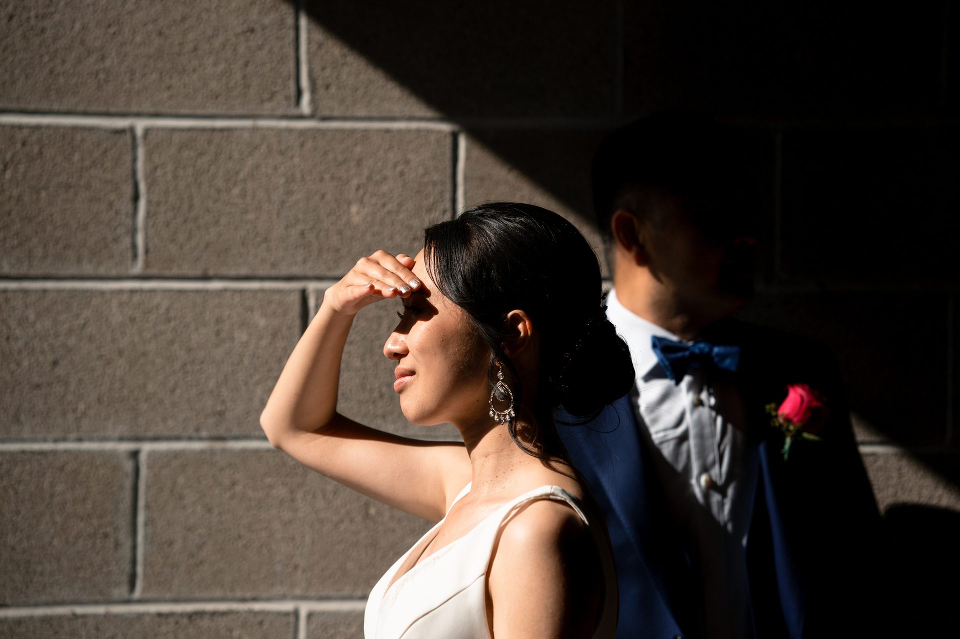 Flash photography, Bridal clothing, Wedding dress, Shoulder, Bride, Happy, Plant, Gesture, Gown
