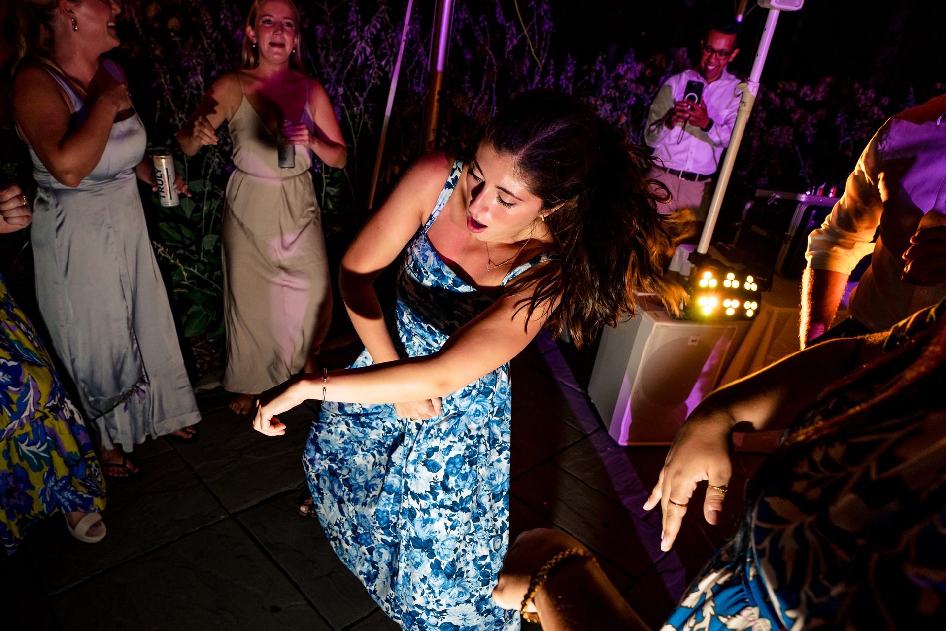 Flash photography, Fashion design, Purple, Dress, Entertainment, Interaction, Leisure
