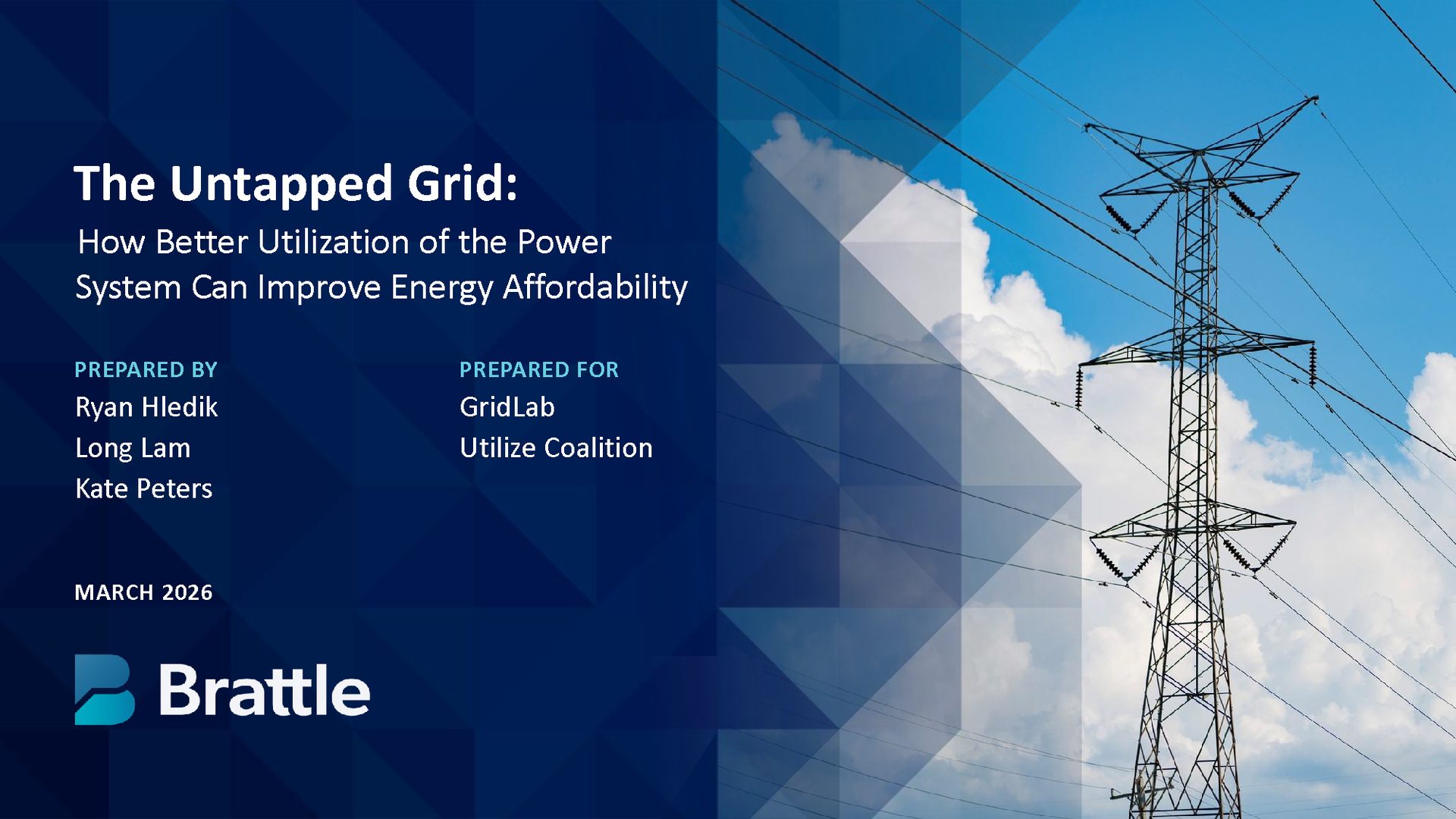 Presentation slide on 'The Untapped Grid' for GridLab and Utilize Coalition, showing a power line.