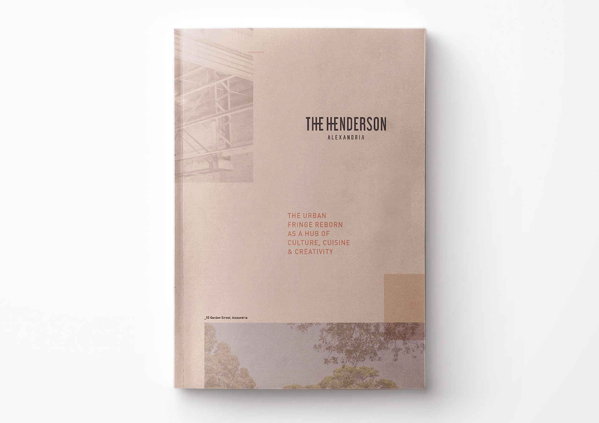 Beige brochure cover for "The Henderson Alexandria", promoting a hub of culture and creativity.