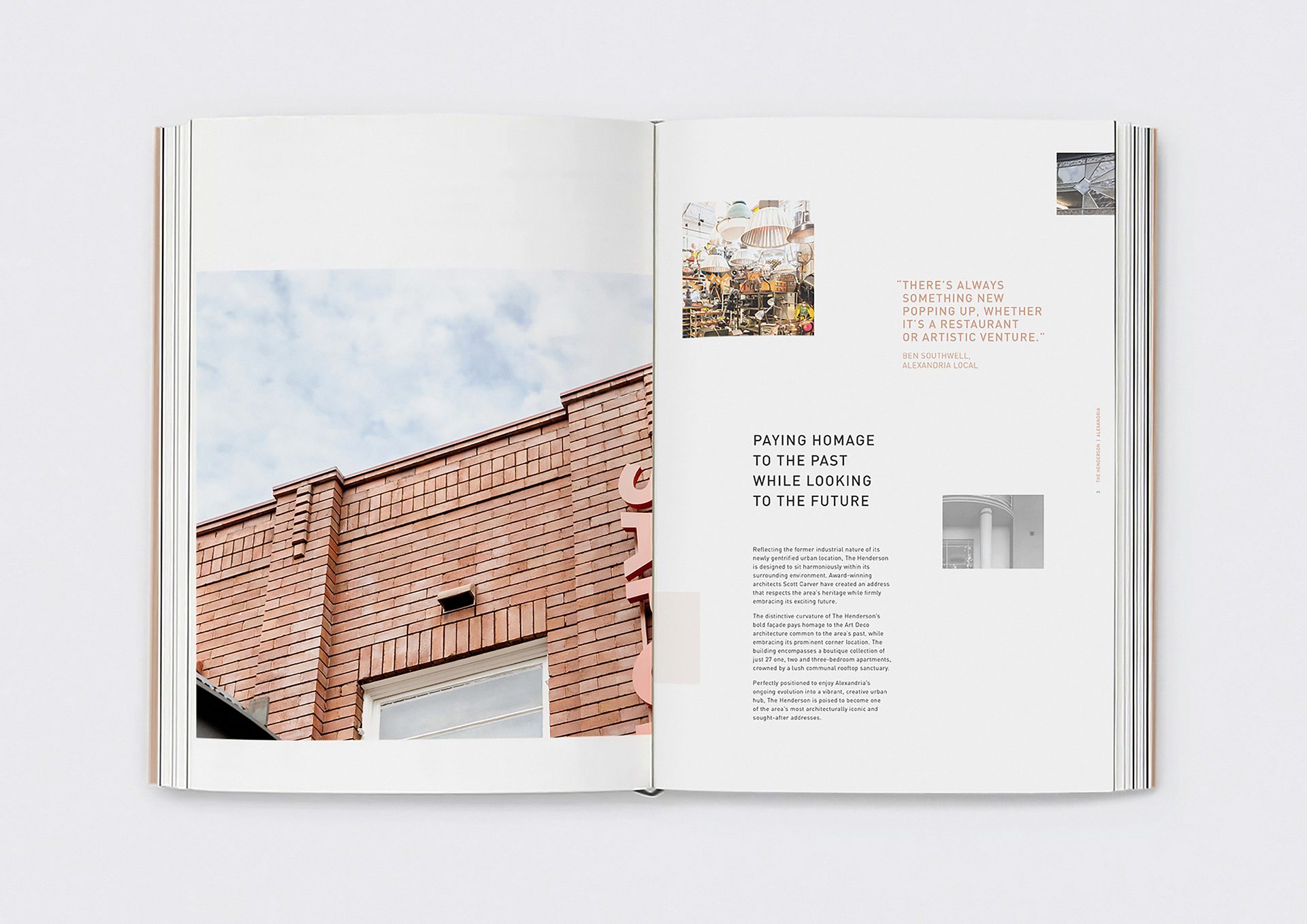 Open magazine spread showing a brick building and text about 'Paying Homage to the Past.'