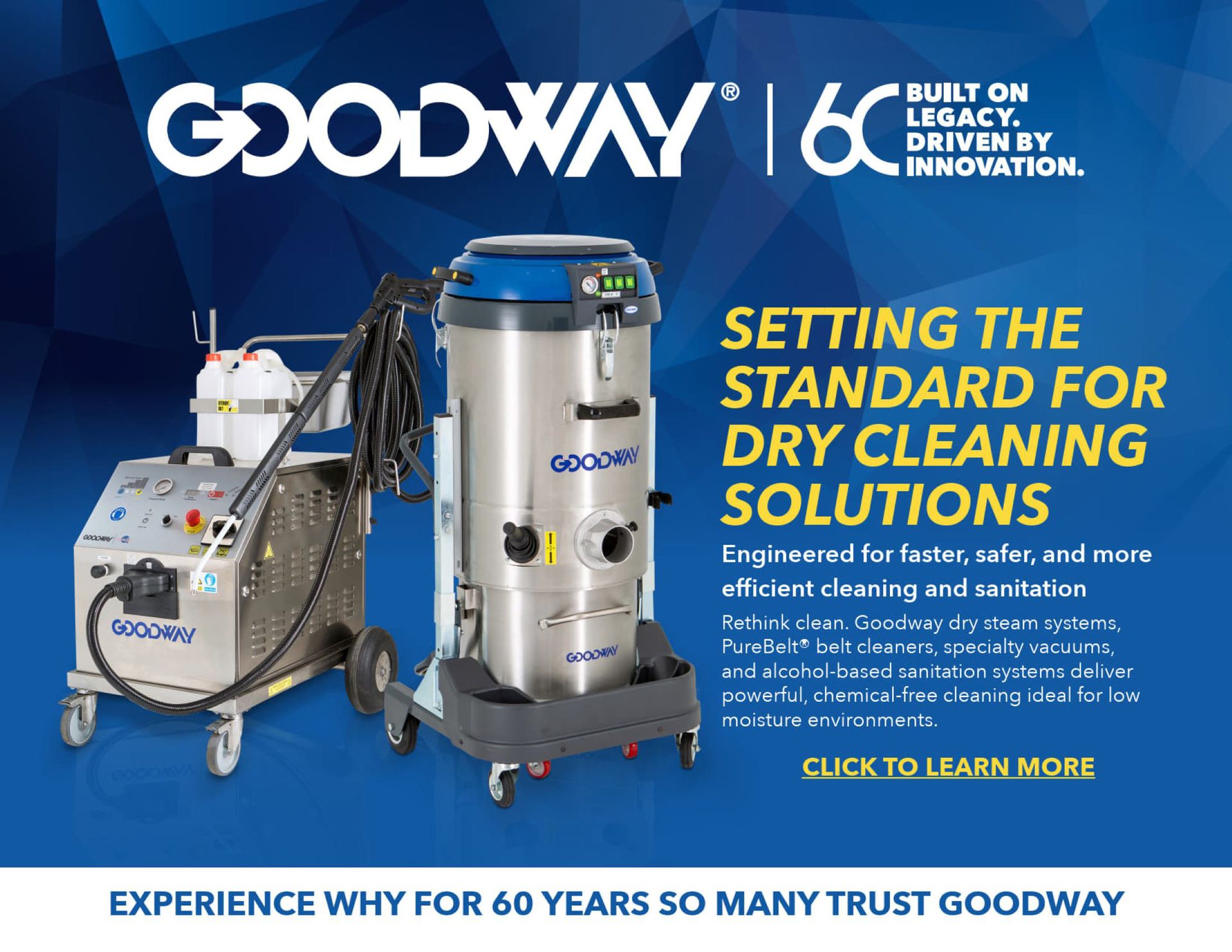 Goodway industrial dry steam and vacuum cleaning systems with text promoting their solutions.
