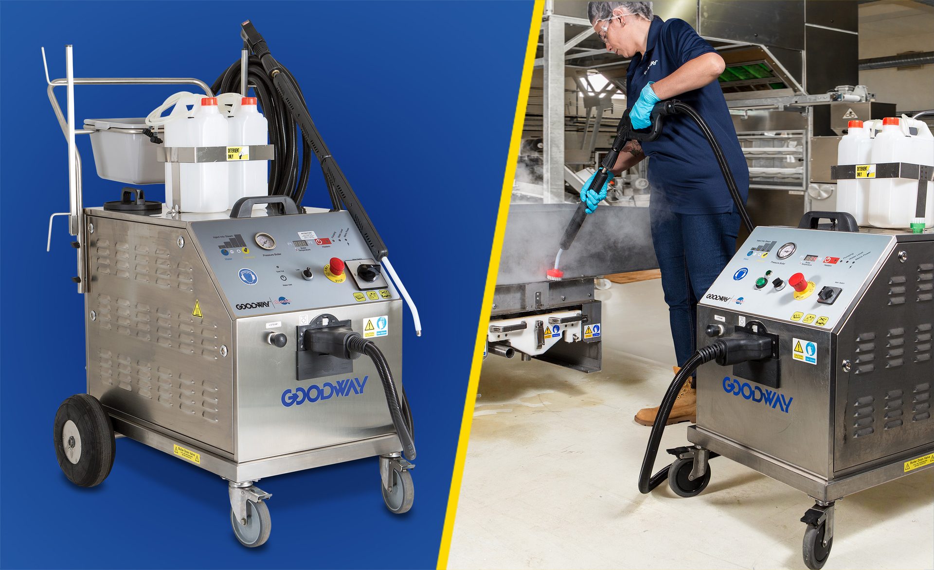 Industrial steam cleaner shown as a product and in use by a worker cleaning factory equipment.