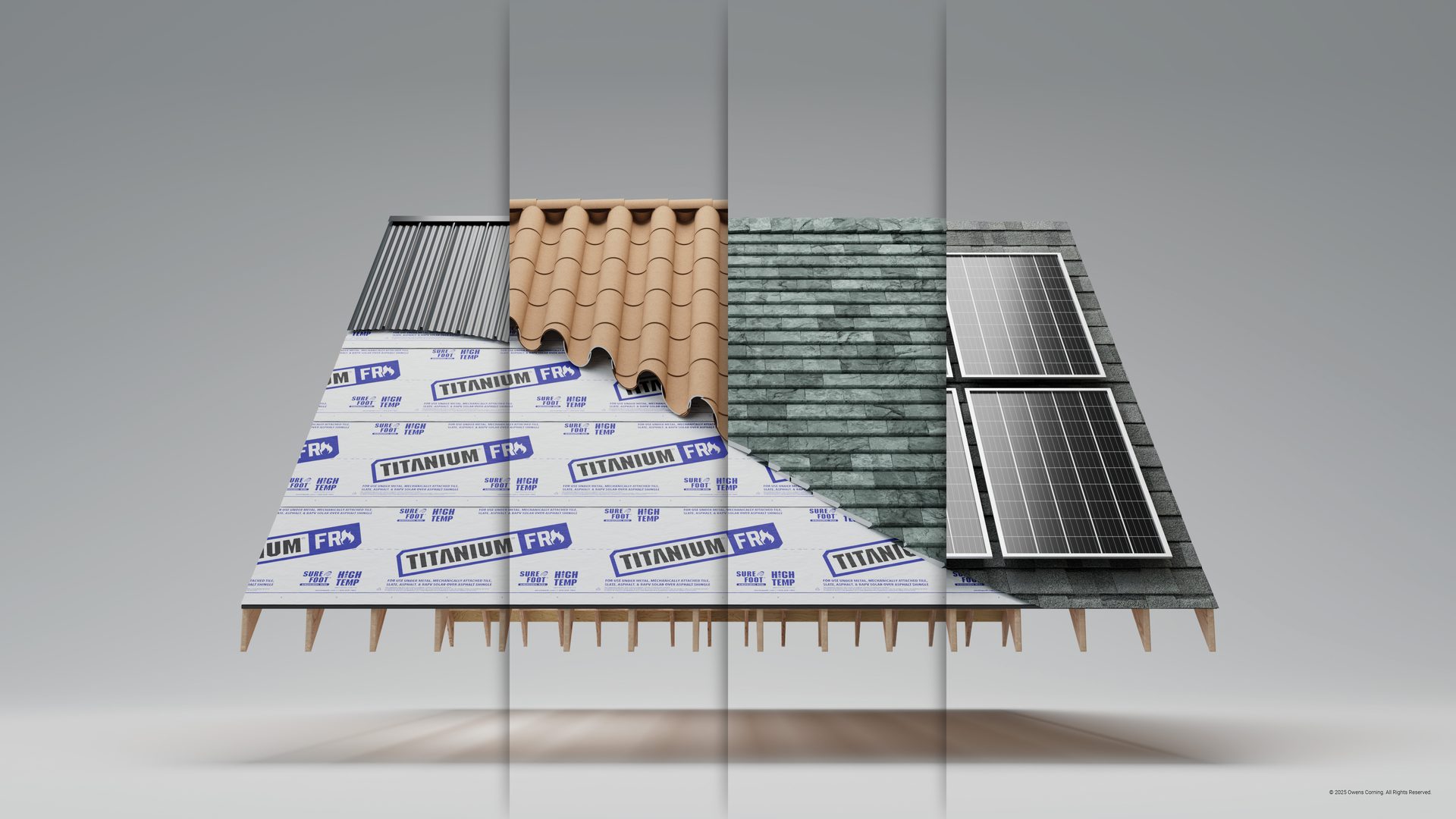 Roof cross-section showing metal, tile, and shingle with solar roofing over Titanium FR underlayment.