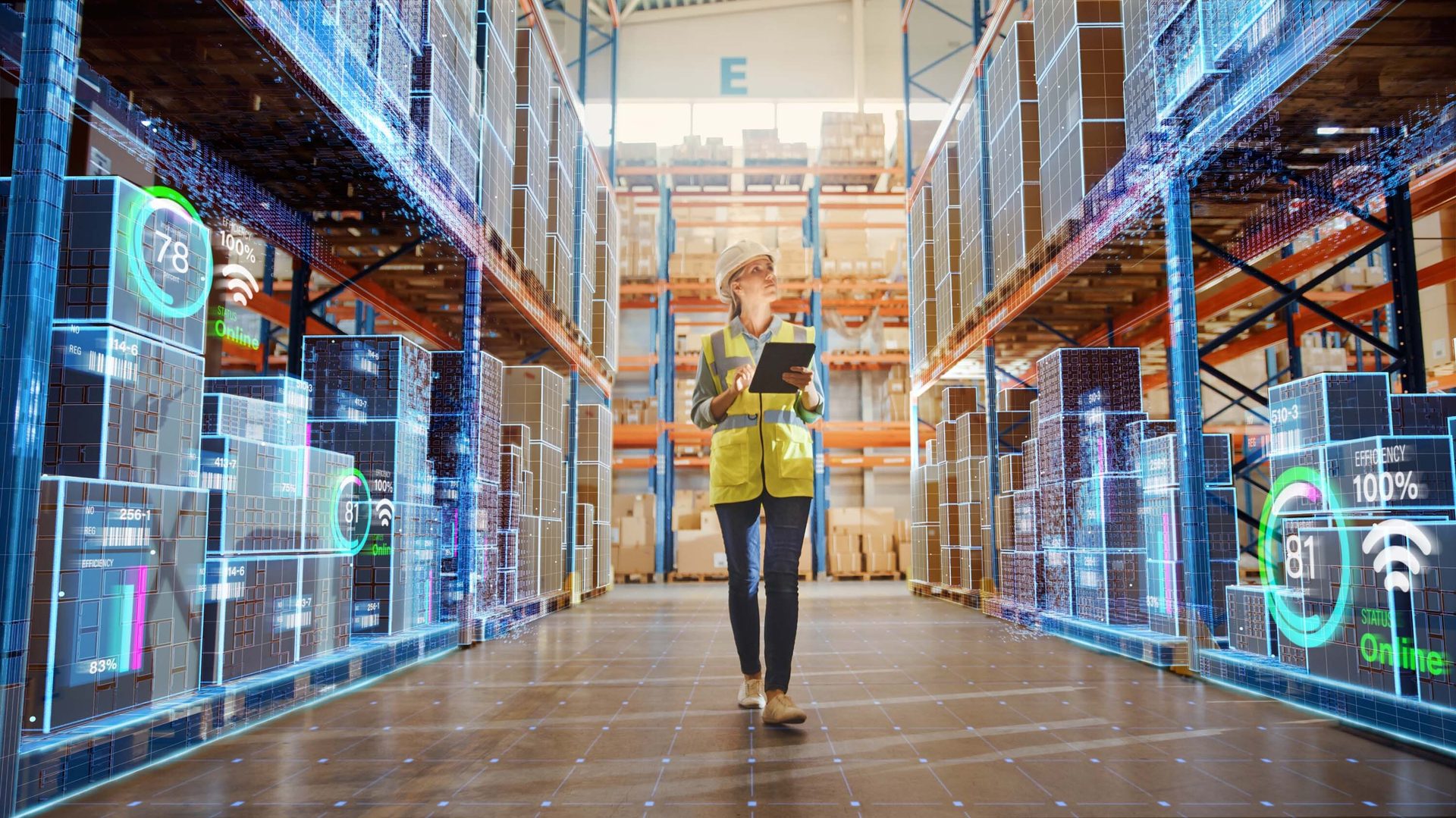 Woman inspecting inventory in a smart warehouse, with augmented reality data overlays on boxes and shelves.