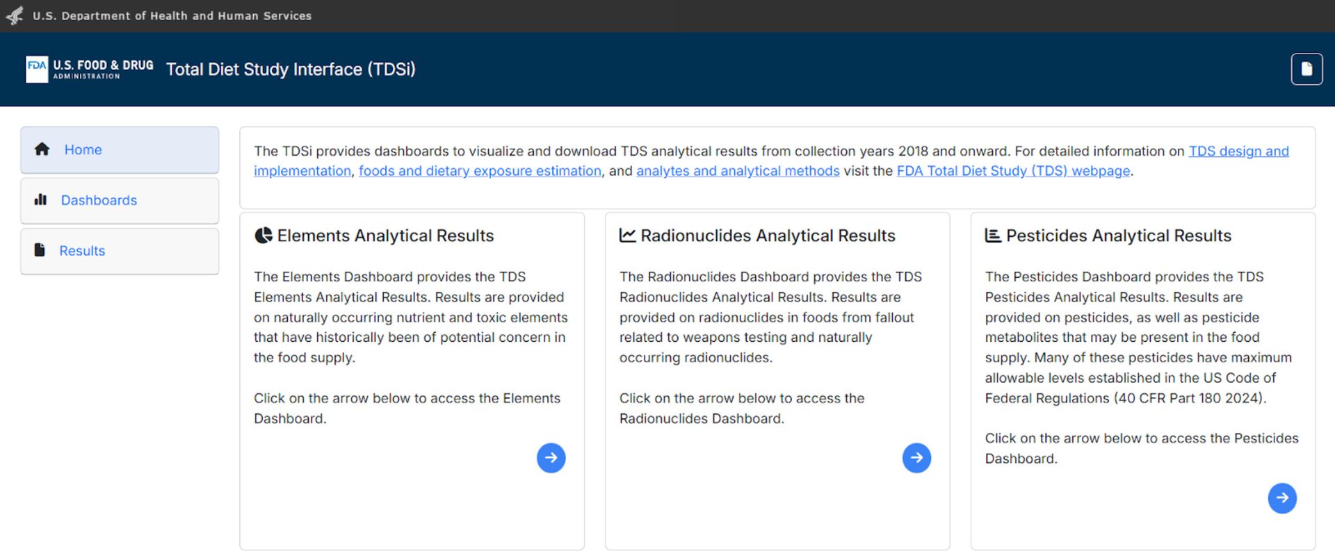 FDA TDSI webpage with analytical results dashboards for elements, radionuclides, and pesticides.