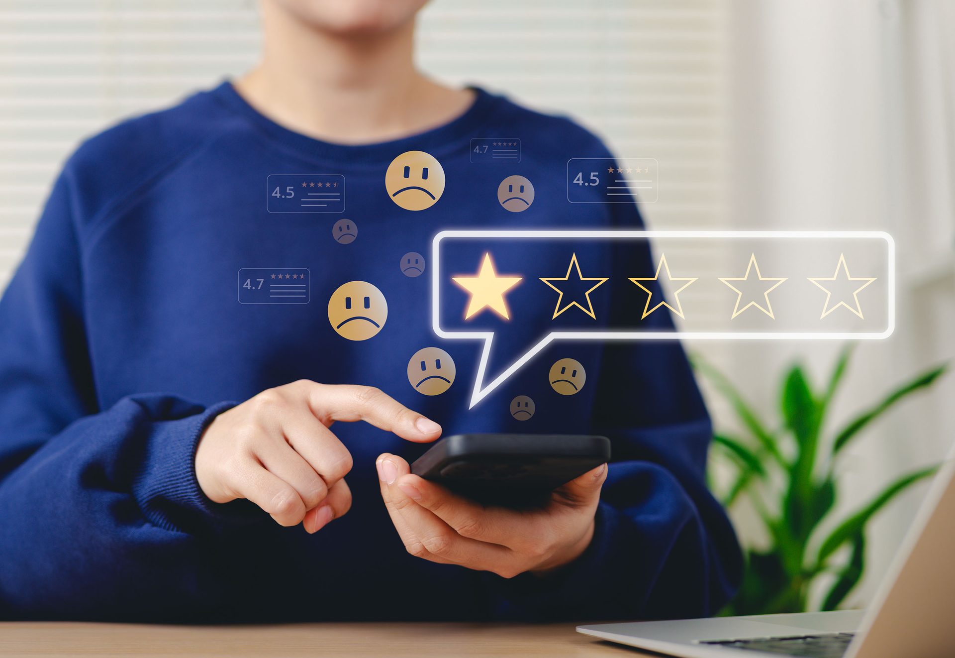 Person giving a one-star rating on a smartphone, indicating negative feedback on a service or product.