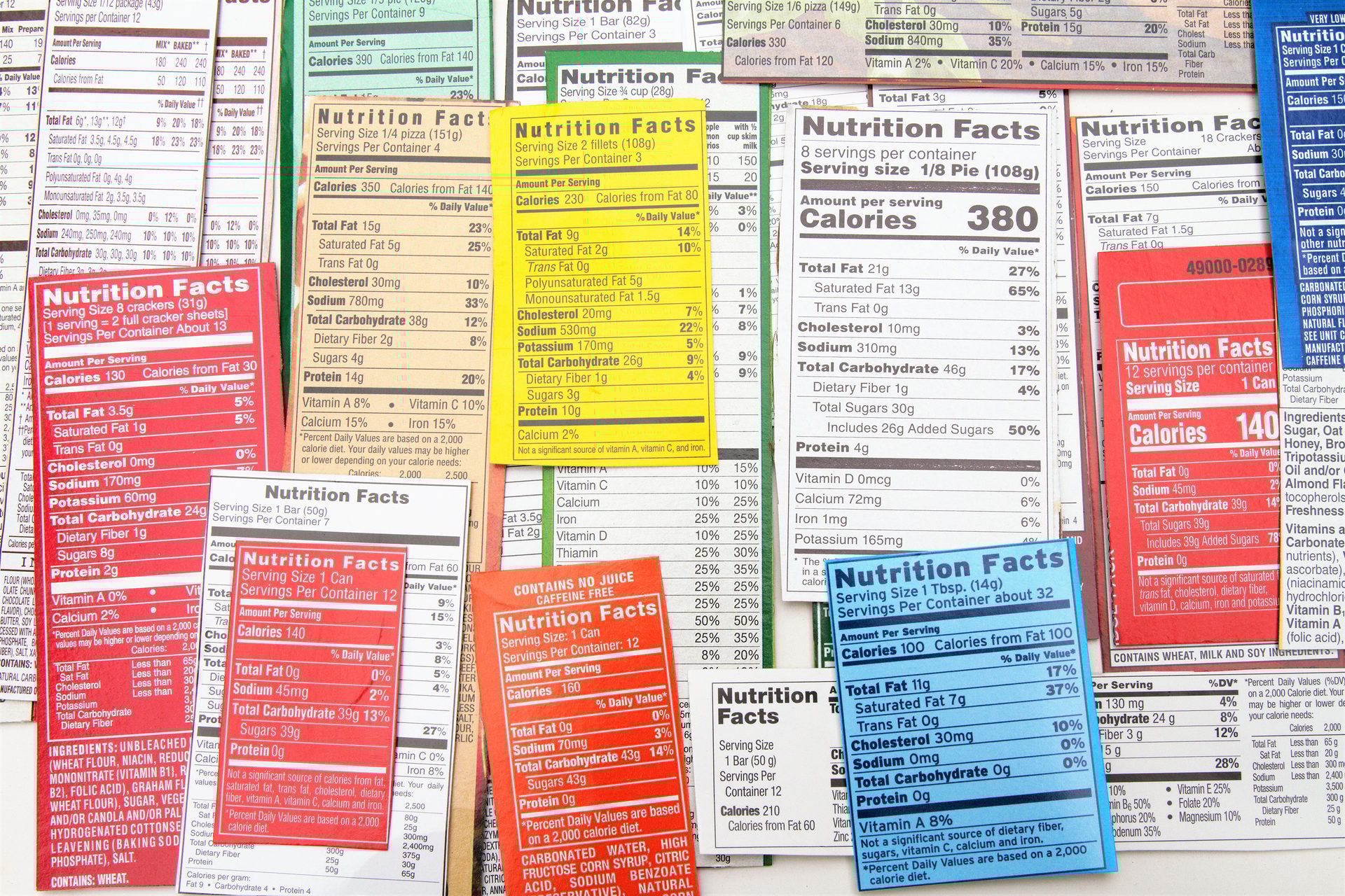 Various nutrition facts labels from food packaging.