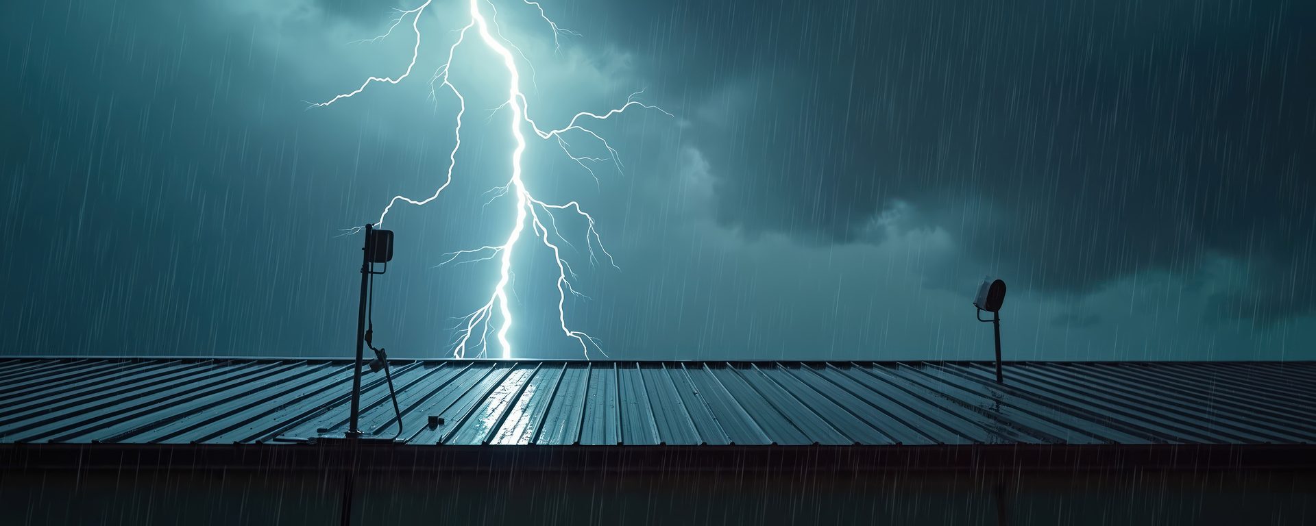 A dramatic lightning bolt illuminates a stormy, rainy sky above a corrugated metal rooftop.
