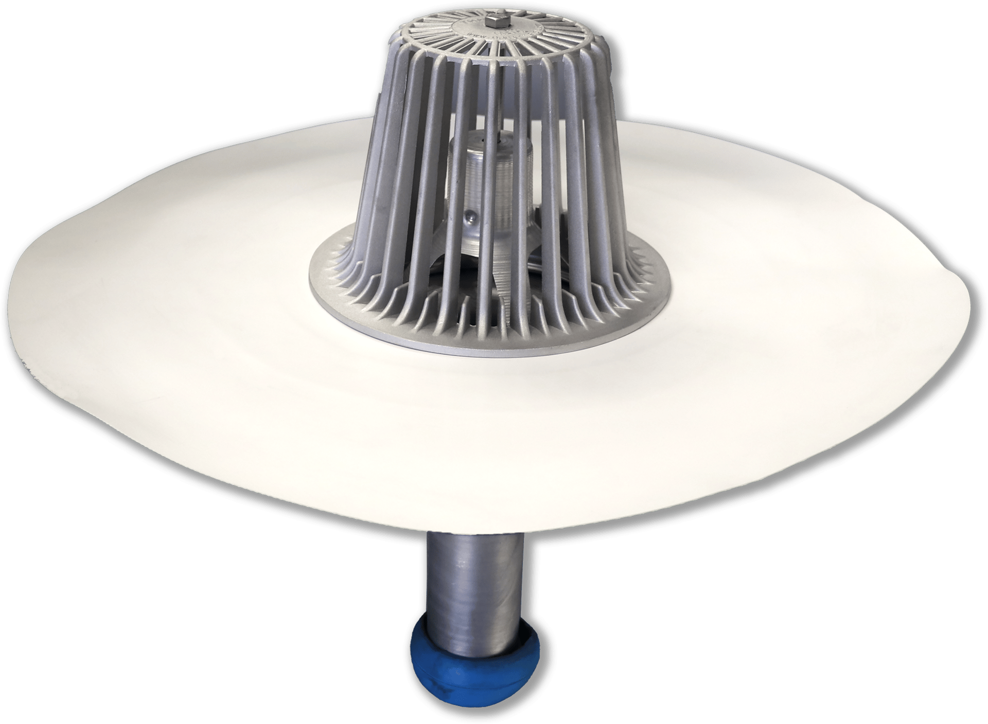 A roof drain with a white circular flange, a silver caged dome, and a pipe with a blue cap.
