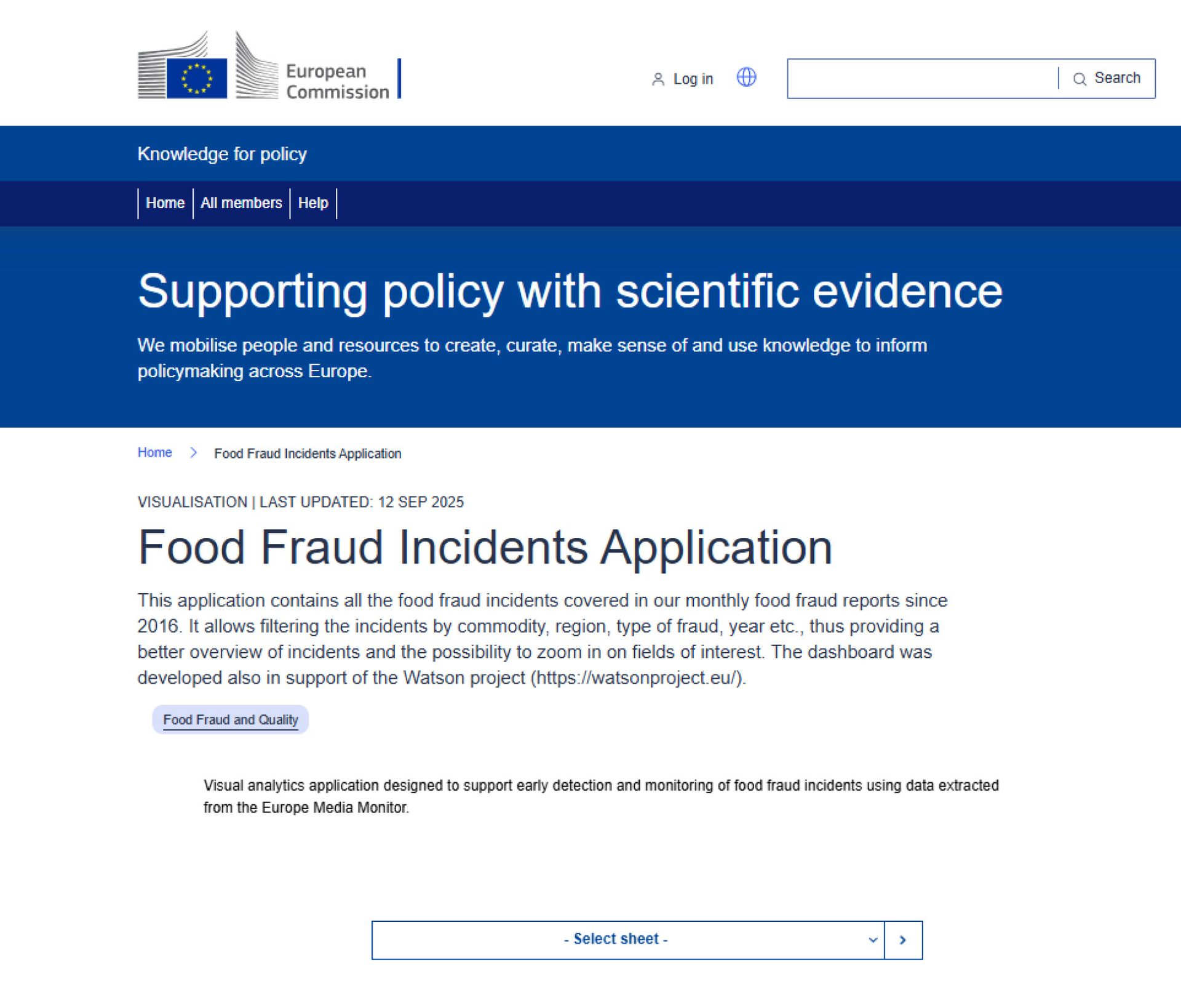 European Commission page for a "Food Fraud Incidents Application" supporting policy with evidence.