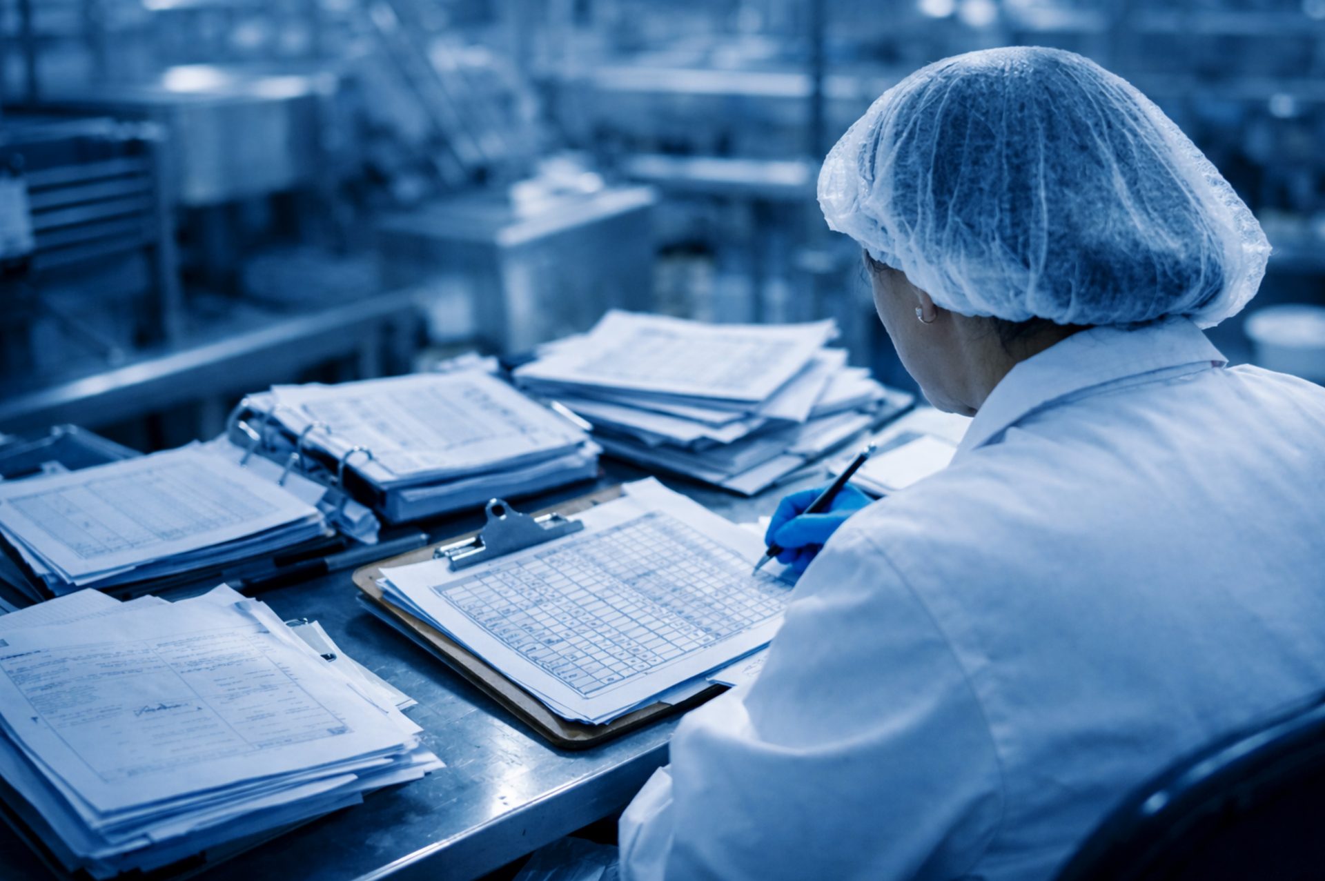 Person in lab coat and hairnet writes on clipboard, surrounded by papers in blue-tinted factory.