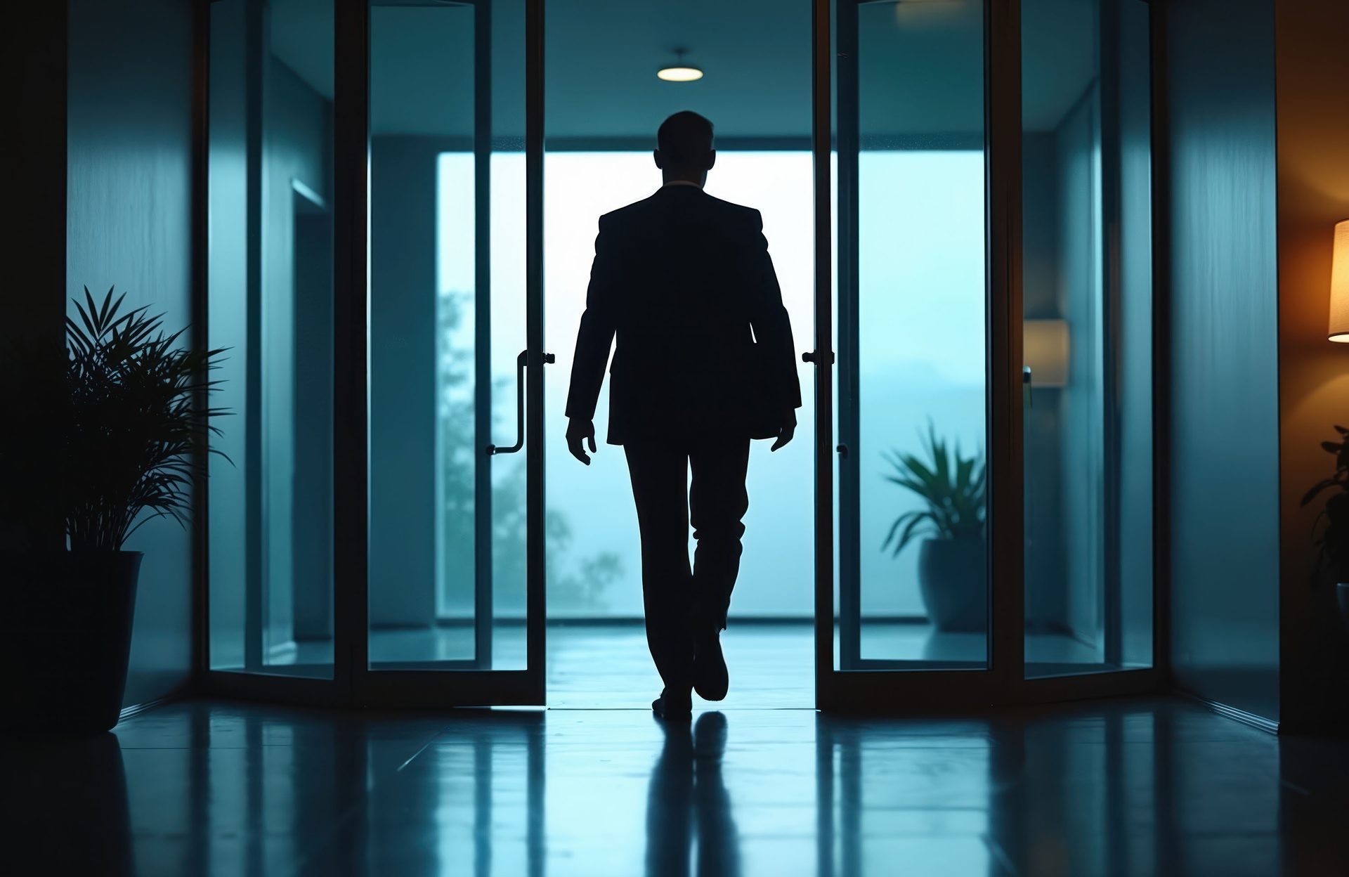 Silhouetted man in suit walks through glass doors to a bright, open vista.