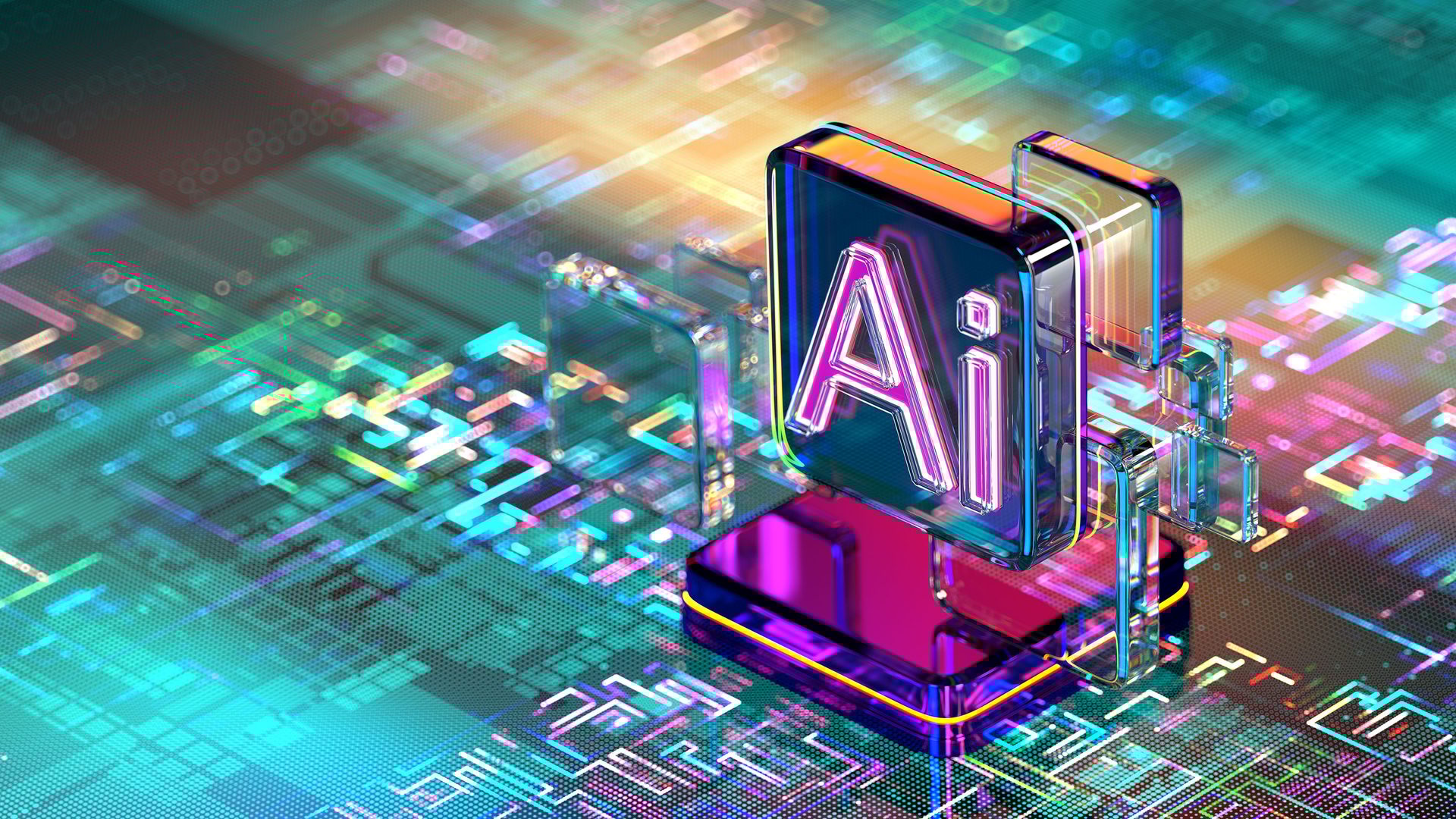 Holographic AI logo glowing on a vibrant, abstract circuit board background.