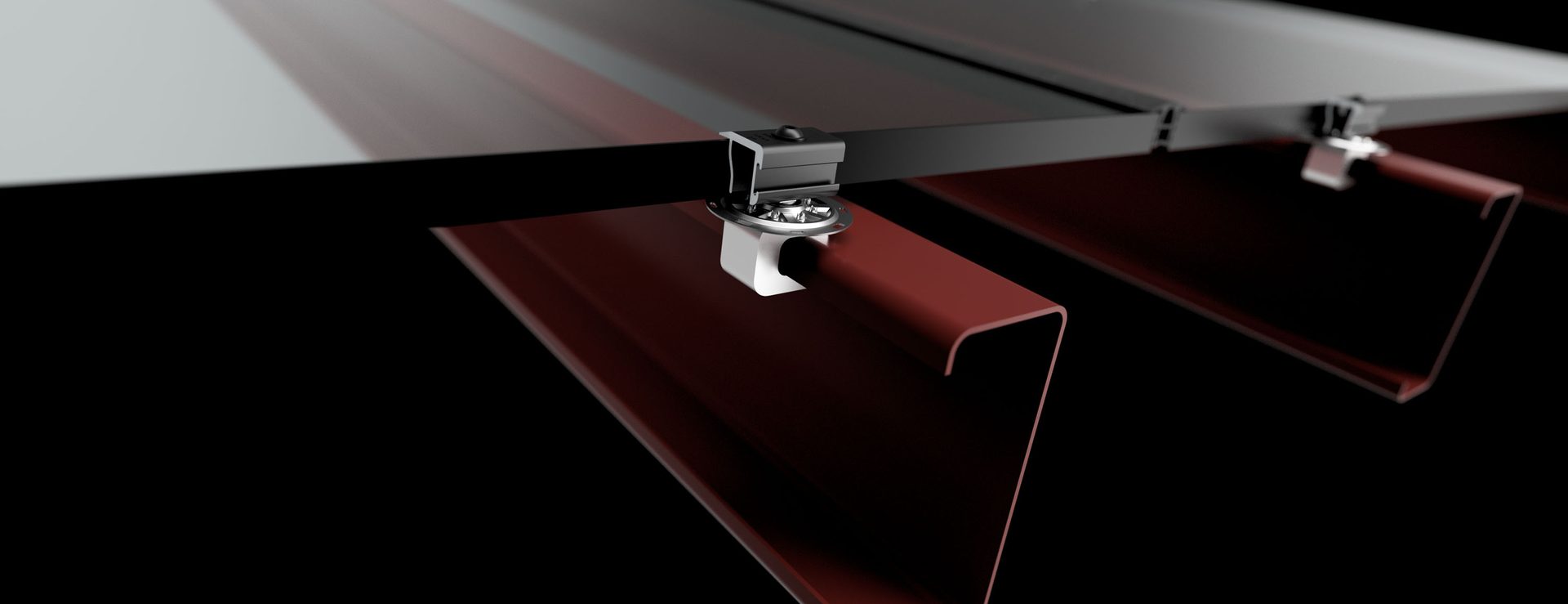 A mounting bracket secures a dark panel to a red corrugated roof against a black background.