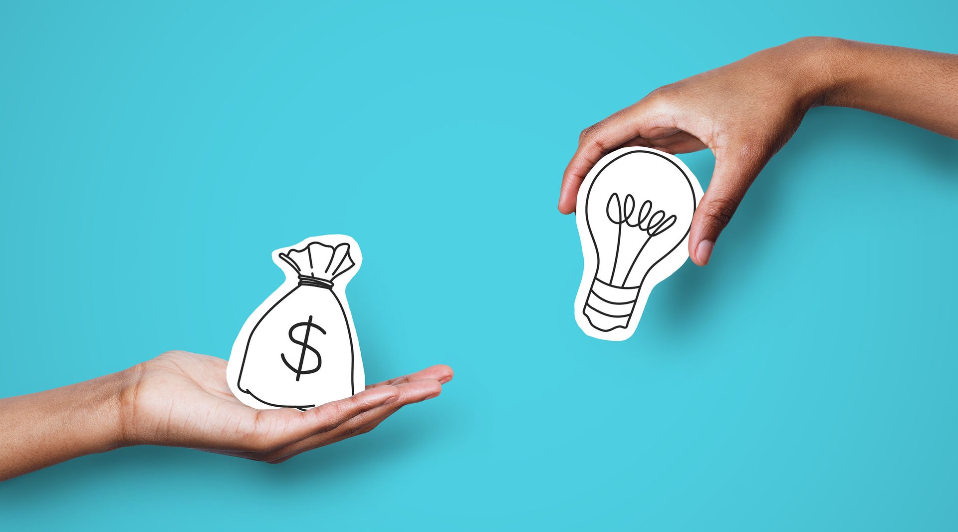 Two hands exchanging a money bag for a lightbulb, symbolizing ideas, innovation, and investment.