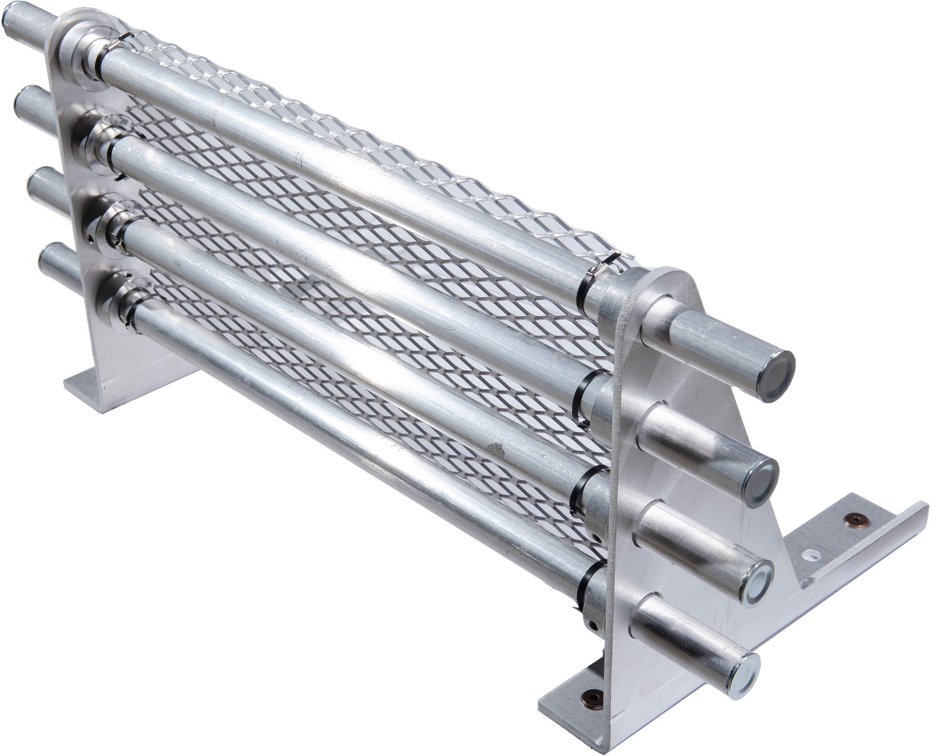 Aluminum rack with five horizontal tubes and a mesh panel.