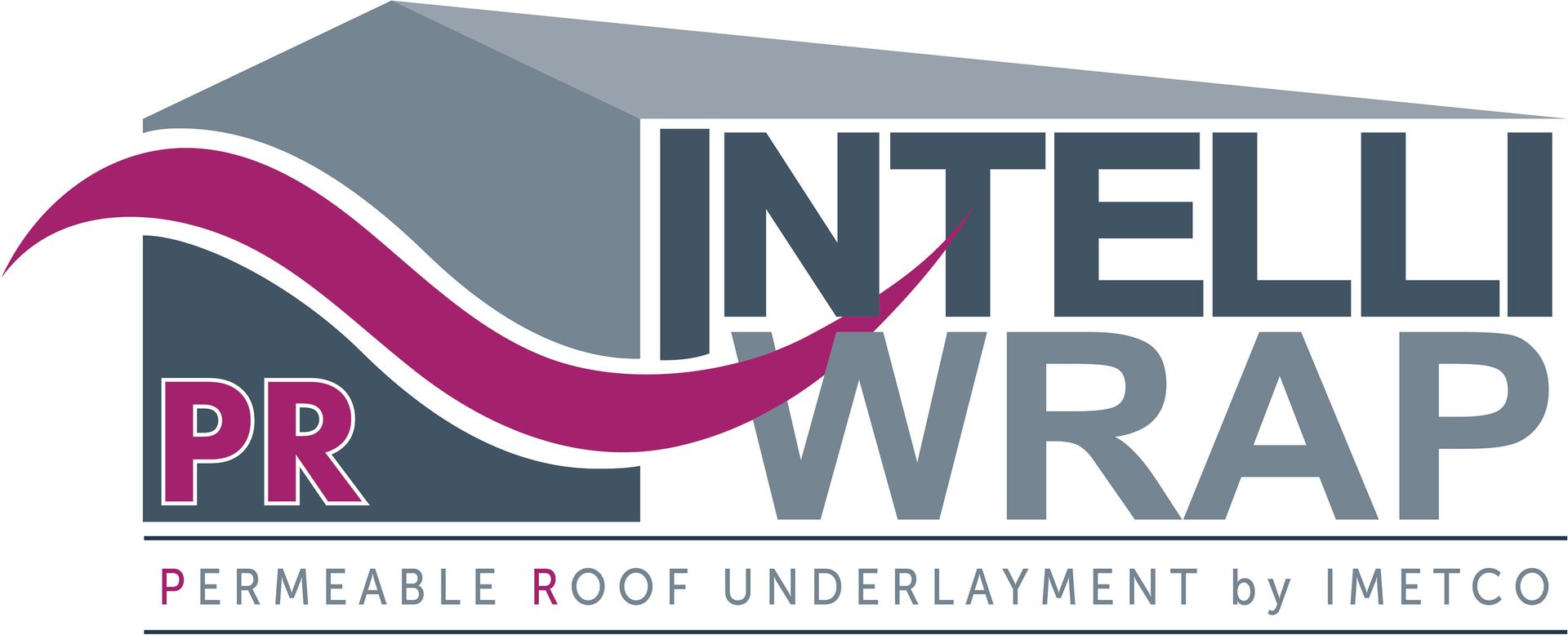 Intelli Wrap PR logo: gray & magenta text, "Permeable Roof Underlayment by IMETCO" tagline.