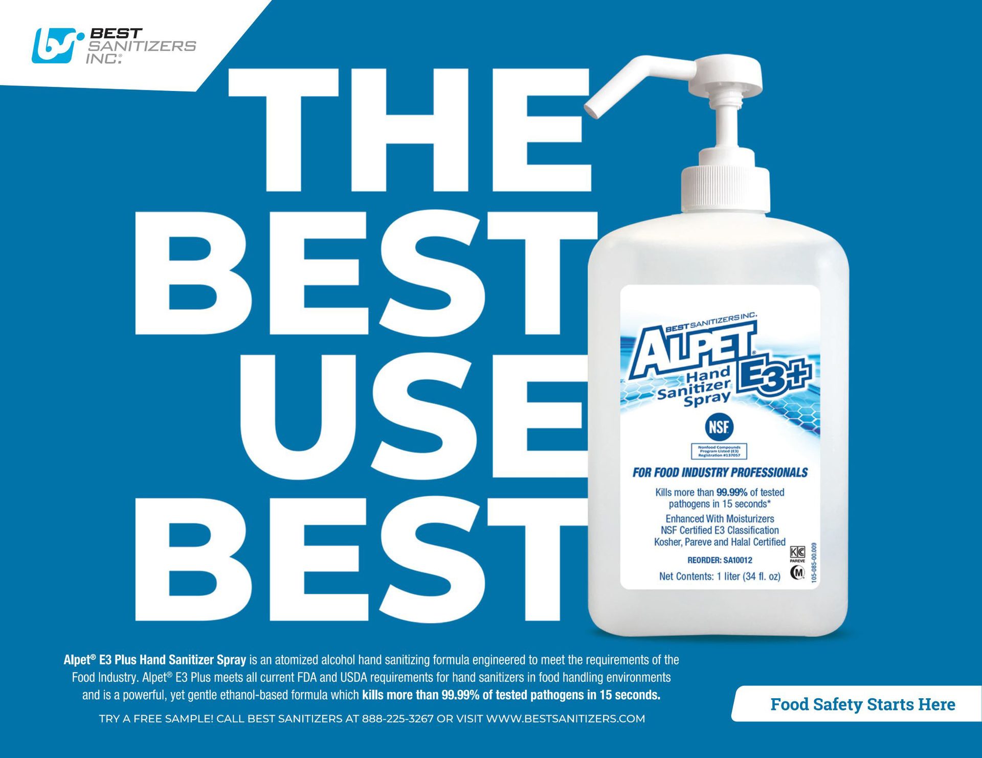 Advertisement for Alpet E3+ Hand Sanitizer Spray, emphasizing food industry safety with large text.