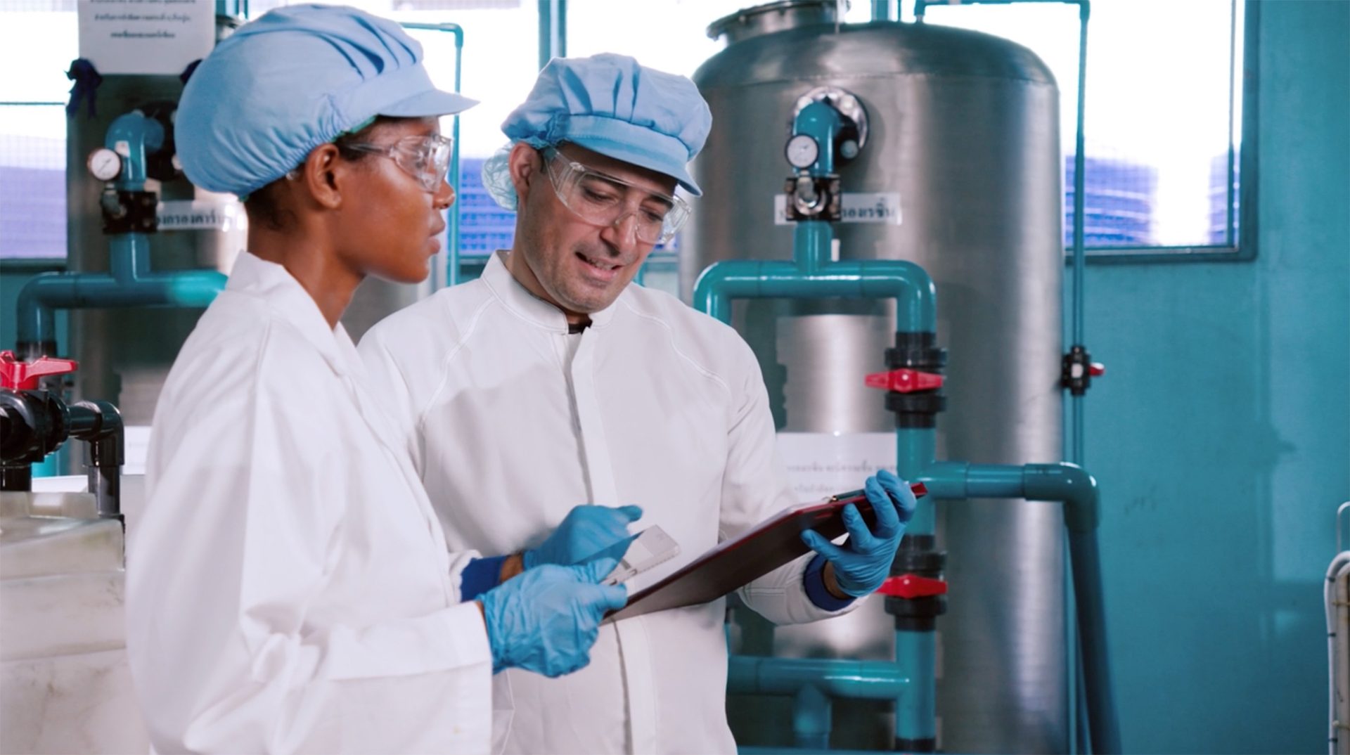 Two scientists in lab coats and safety gear review documents in an industrial facility.