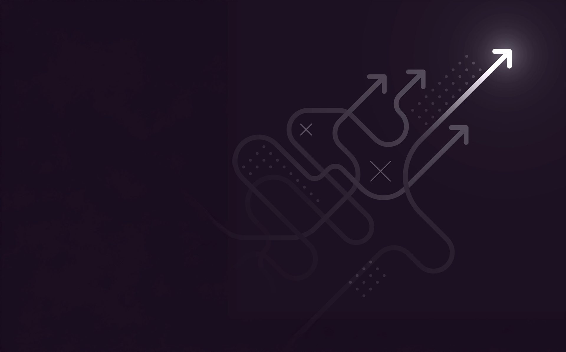 Digital illustration: Faint winding lines and arrows on dark, one glowing arrow points up.