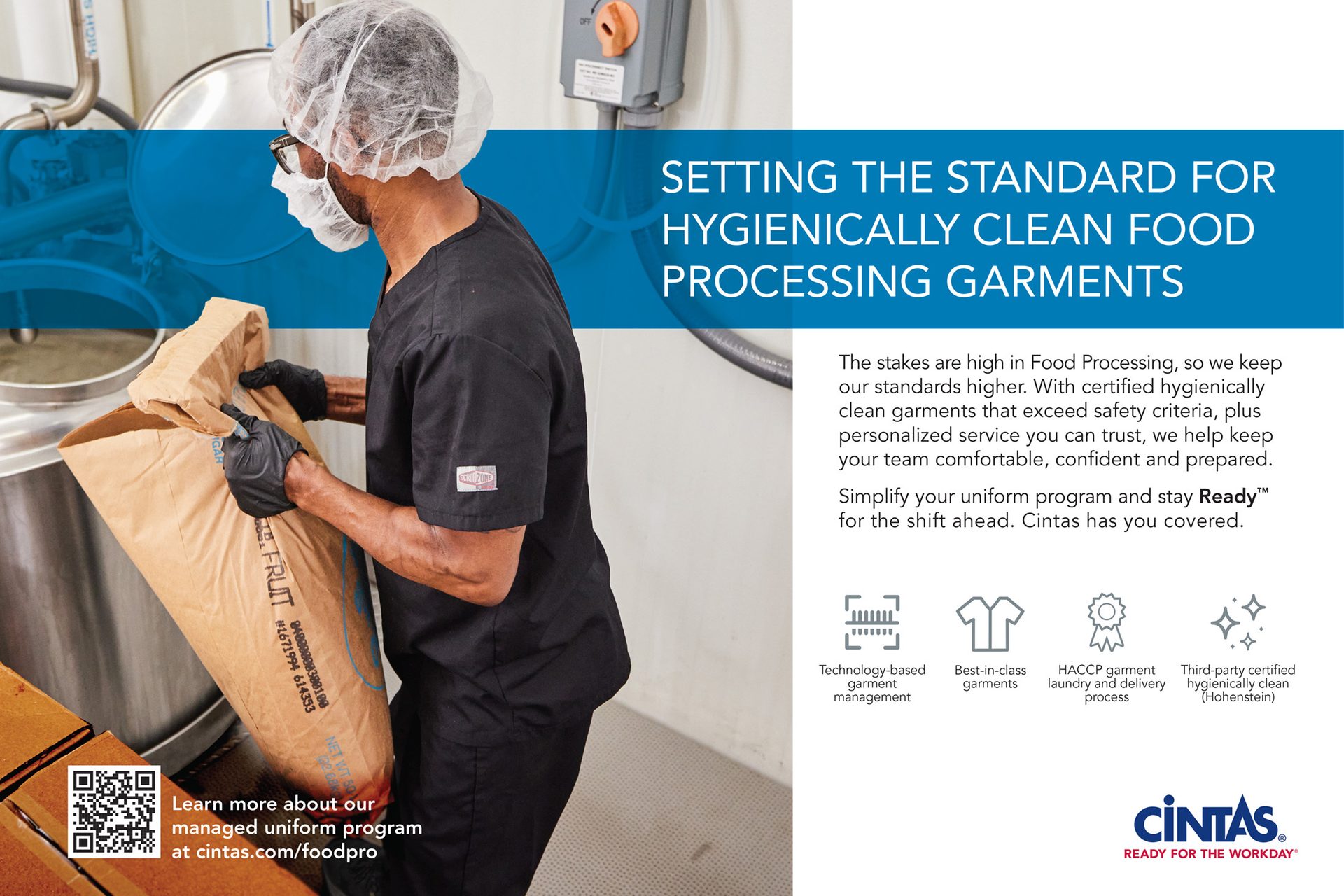 Food processing worker in hygiene uniform pours ingredients. Cintas ad for hygienic garments.