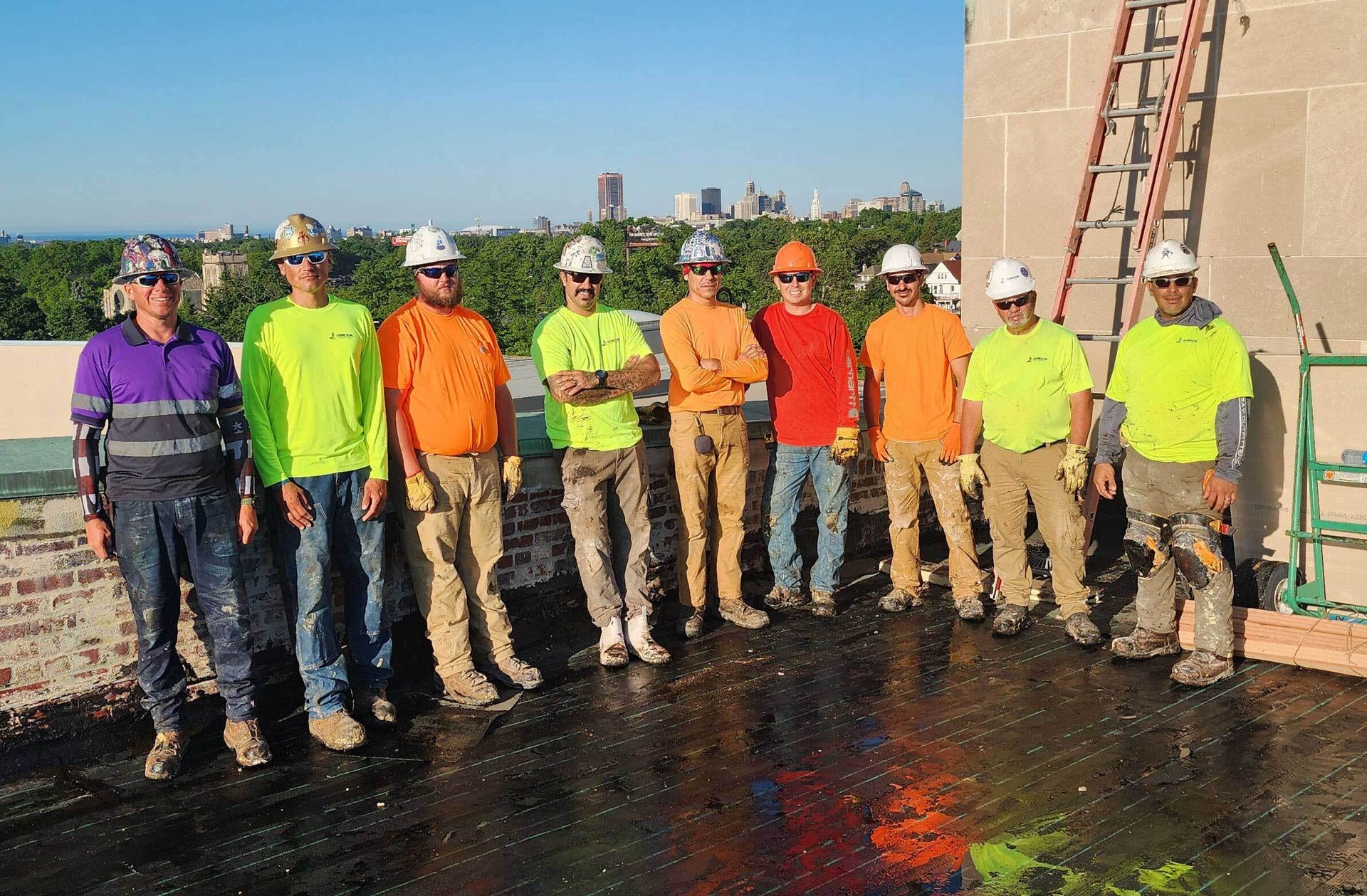 High-visibility clothing, Hard hat, Workwear, Water, Sky, Helmet, Asphalt