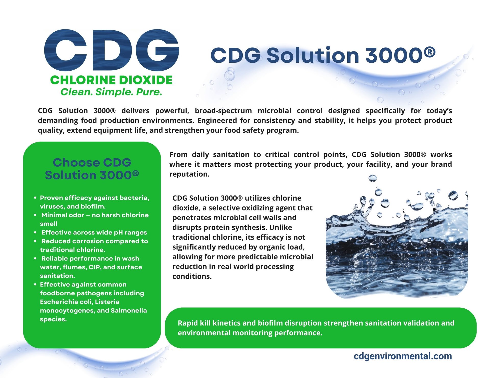 A brochure detailing CDG Solution 3000, a powerful microbial control for food production, with benefits listed.