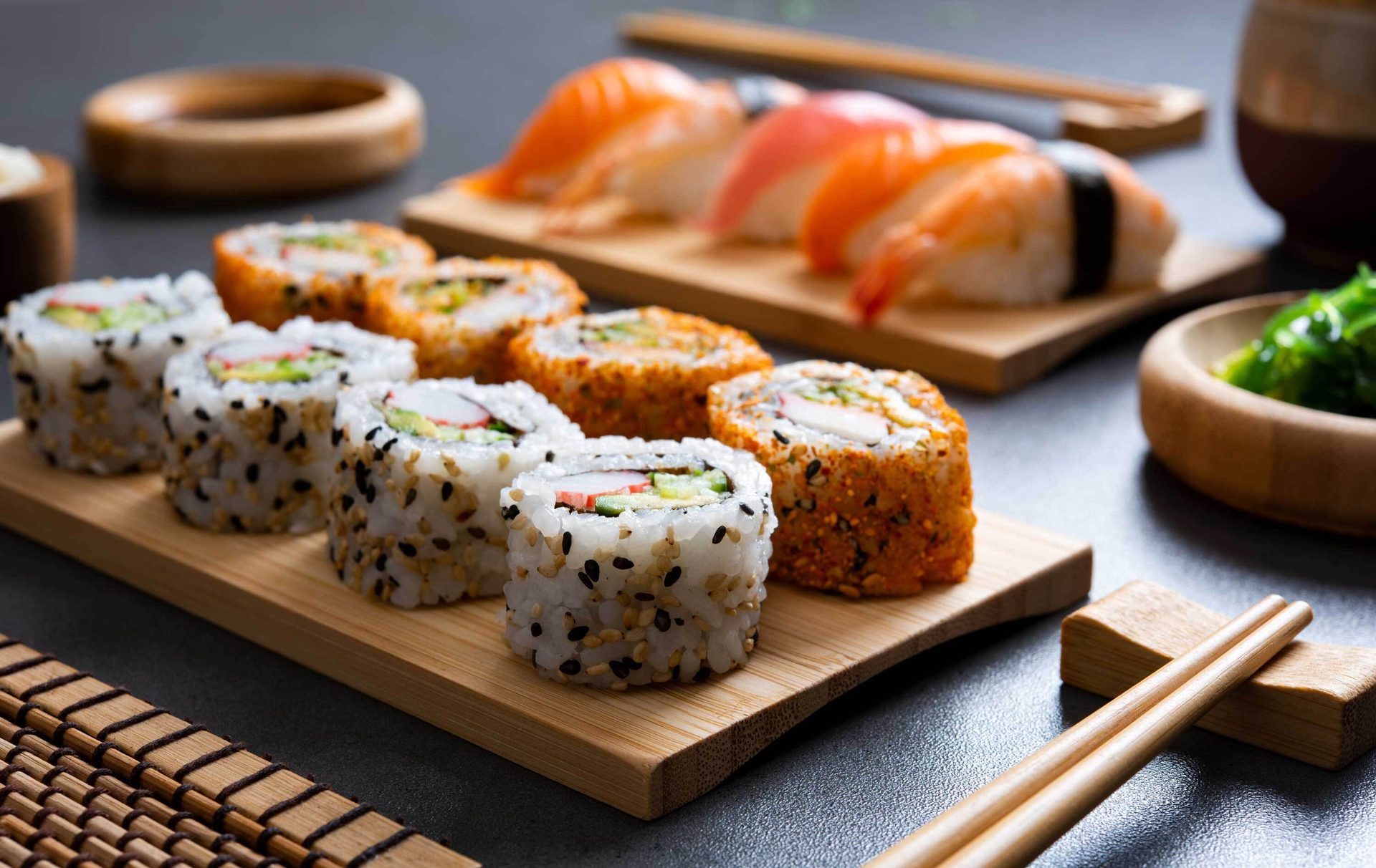 White rice, California roll, Staple food, Sushi, Tableware, Ingredient, Recipe, Cuisine