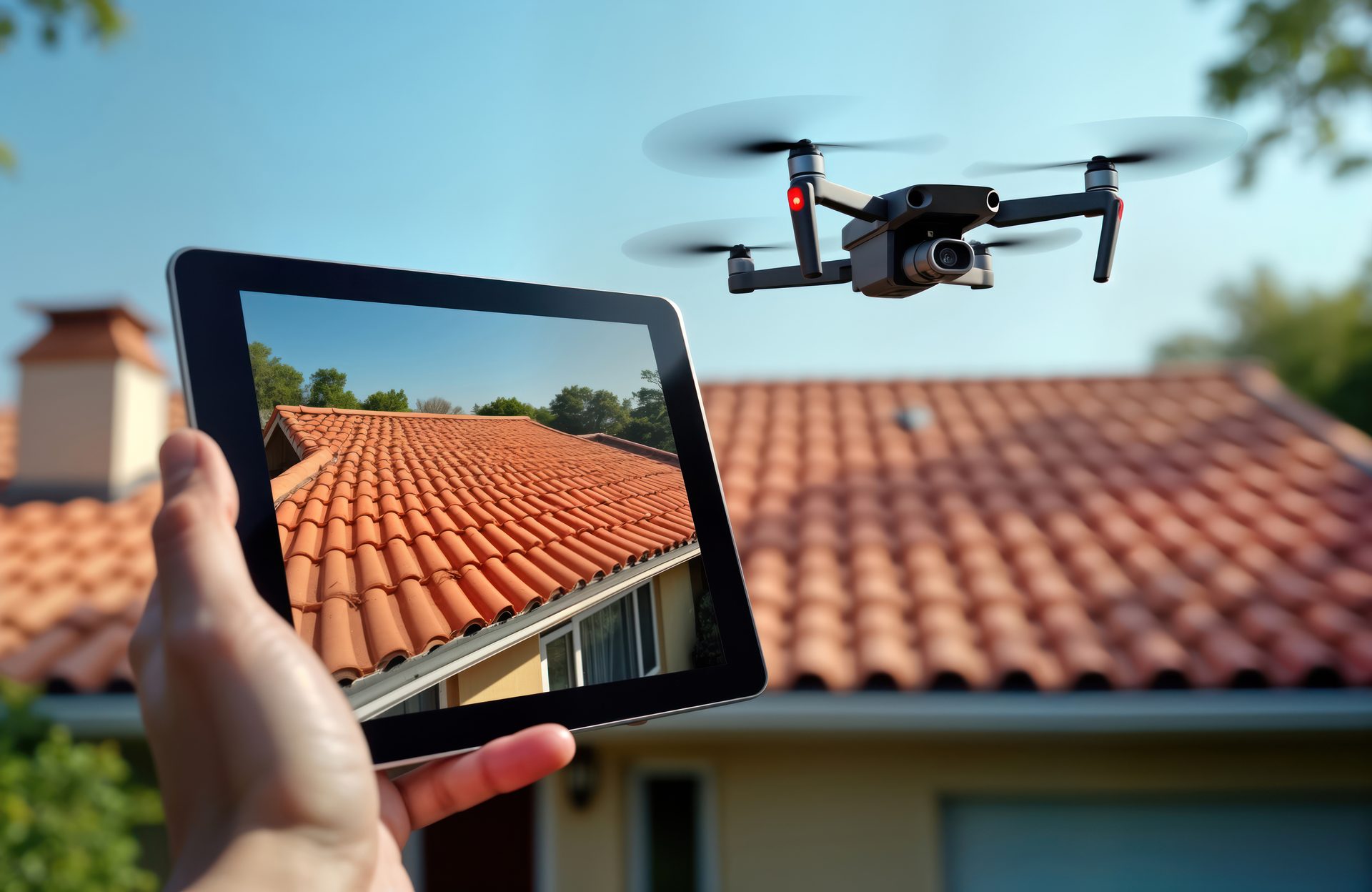 Drone surveying a house roof, displaying the view on a tablet.