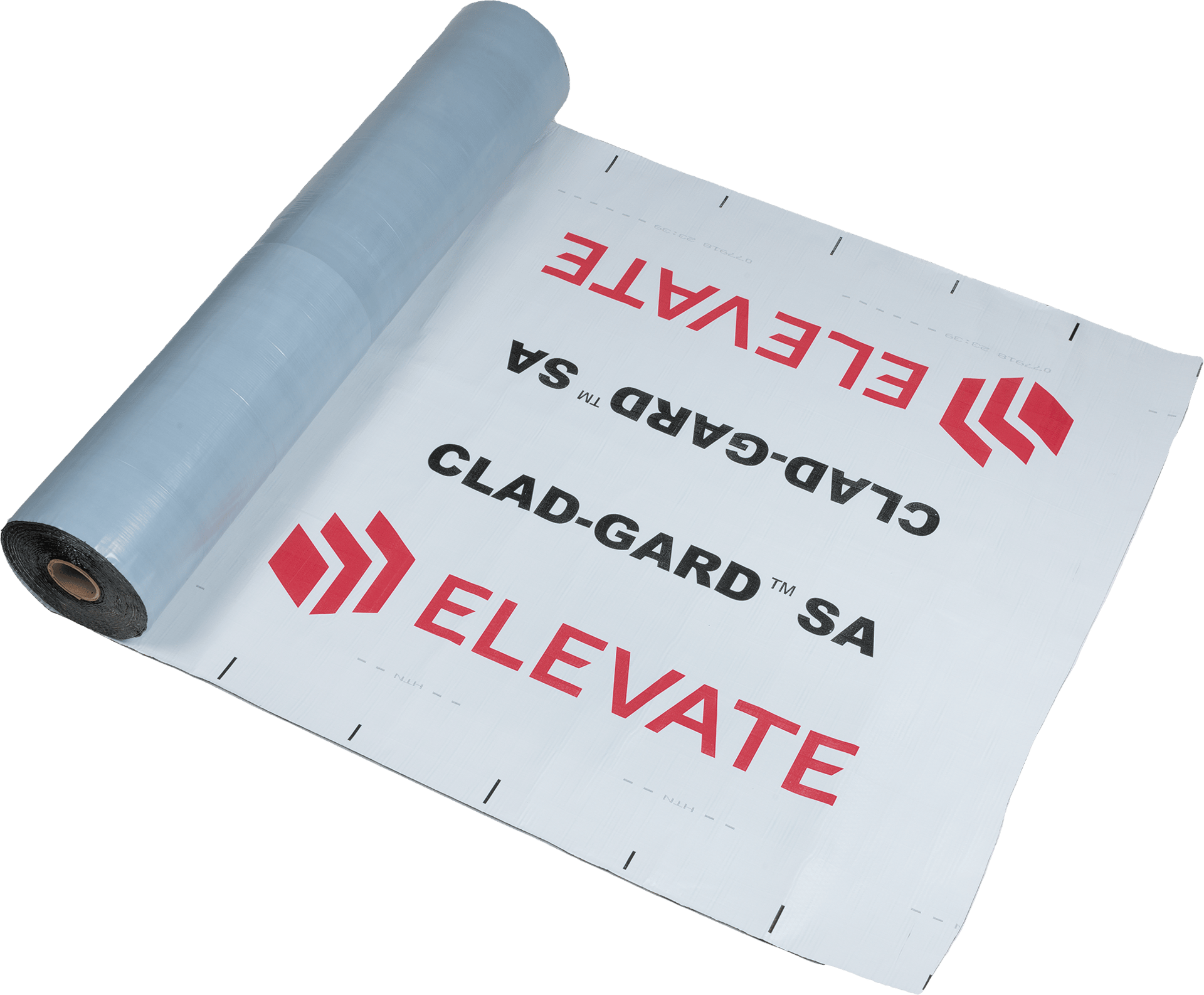 White roofing membrane roll with red and black "CLAD-GARD™ SA ELEVATE" branding.