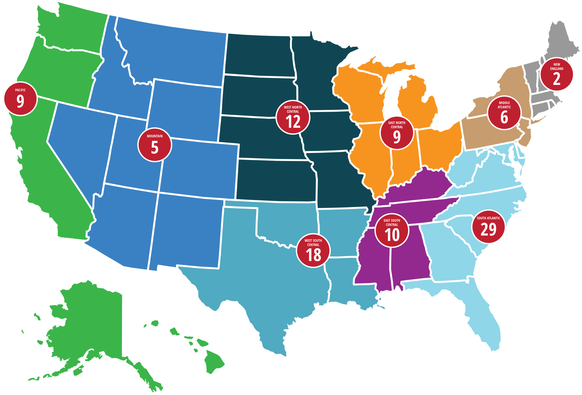 Map of US regions, each labeled with a name and an associated numerical value.