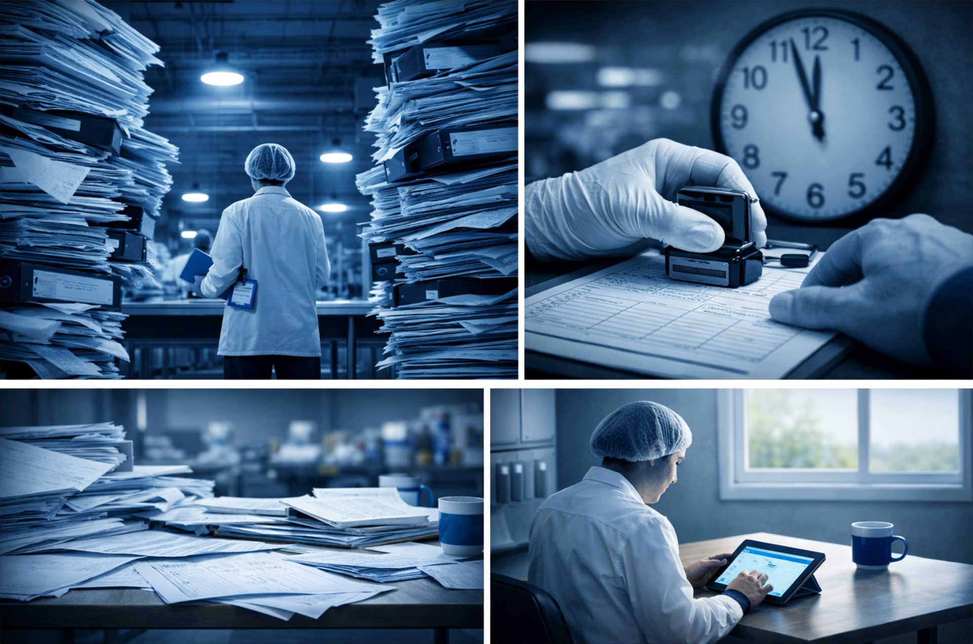 A blue-toned collage showing both traditional paper-heavy and modern digital office work environments.