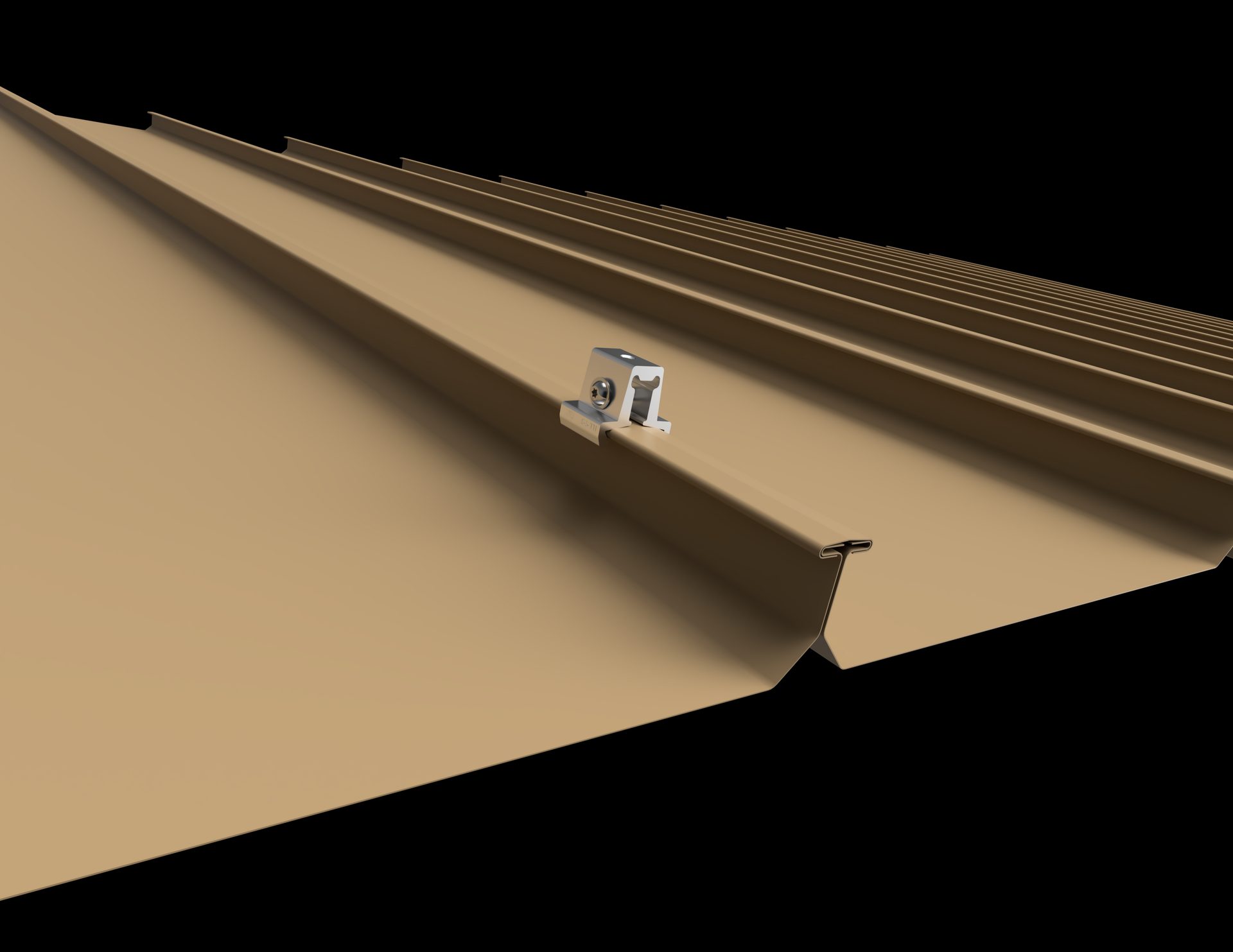 Silver clamp on a tan corrugated metal roof panel.