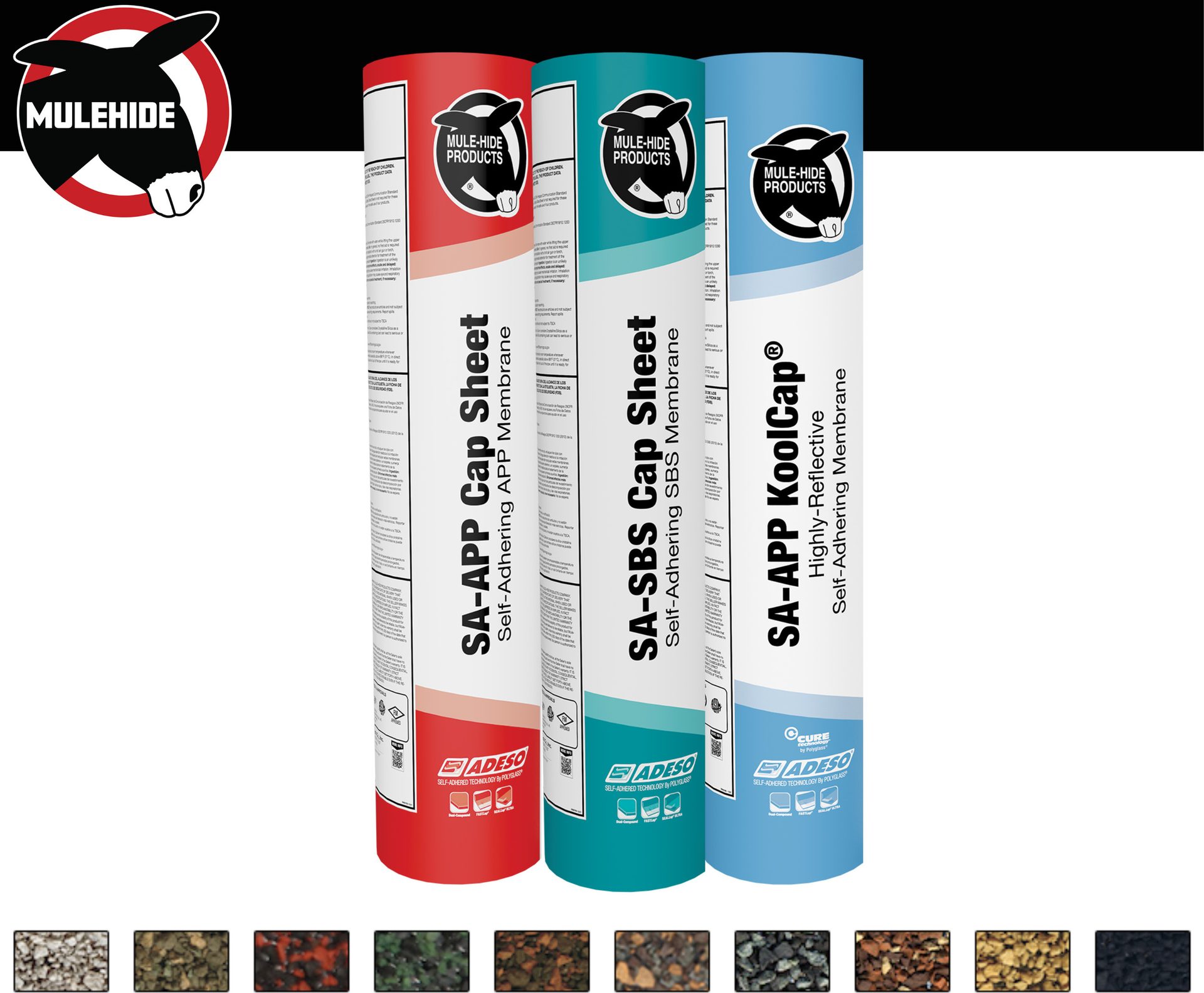 Mule-Hide SA roofing membranes (APP, SBS, KoolCap) with various surface samples.