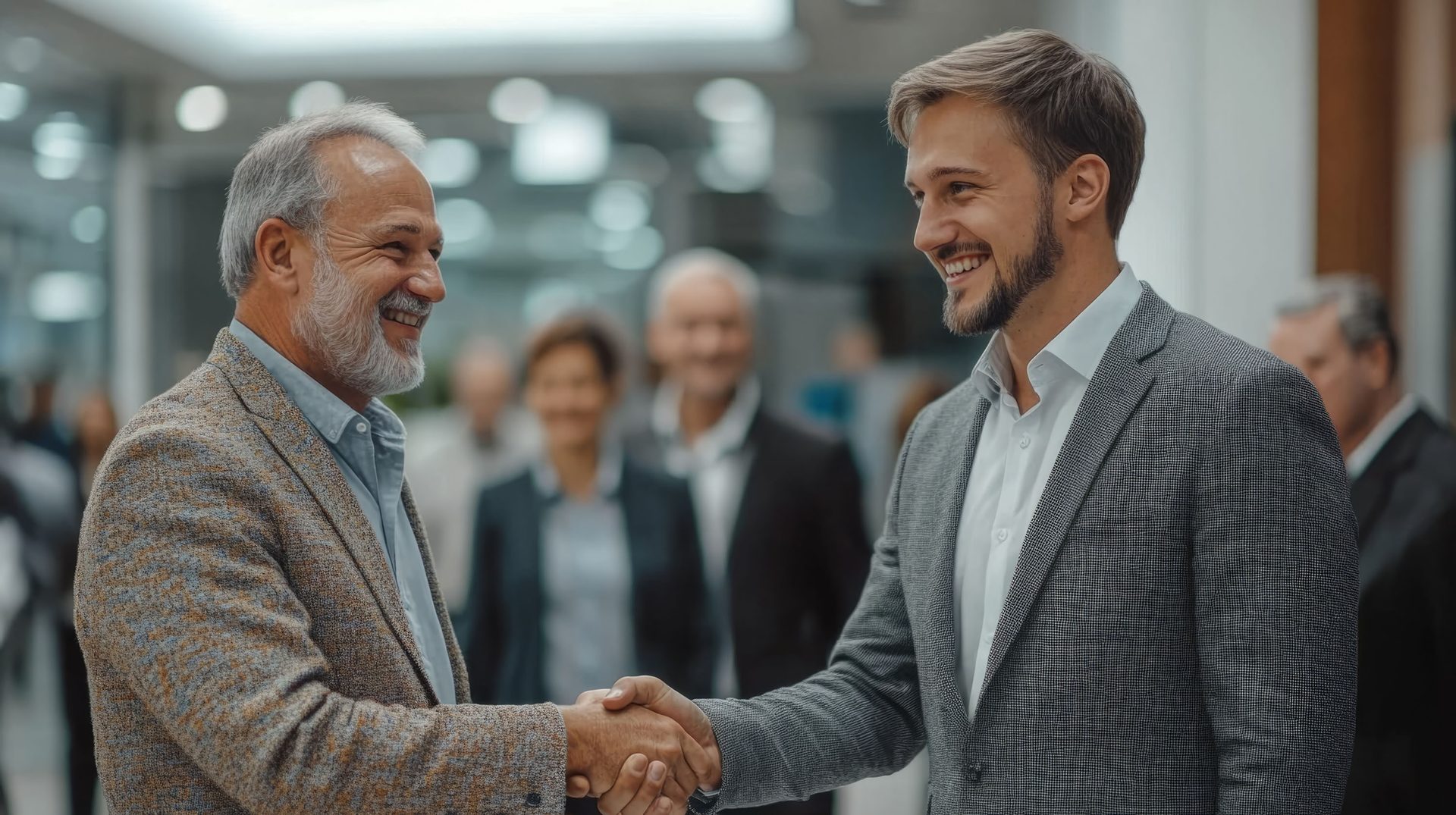 Two smiling men, one older and one younger, shake hands in an office.