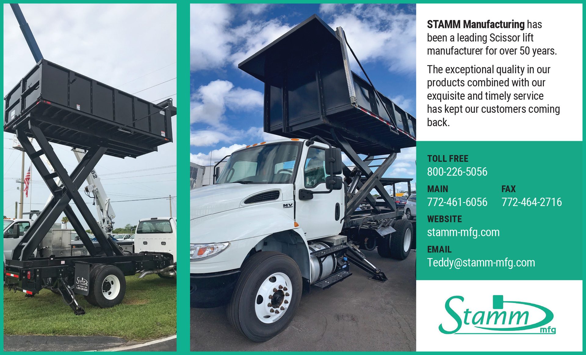 Stamm Manufacturing advertisement featuring a scissor lift dump truck and company contact details.